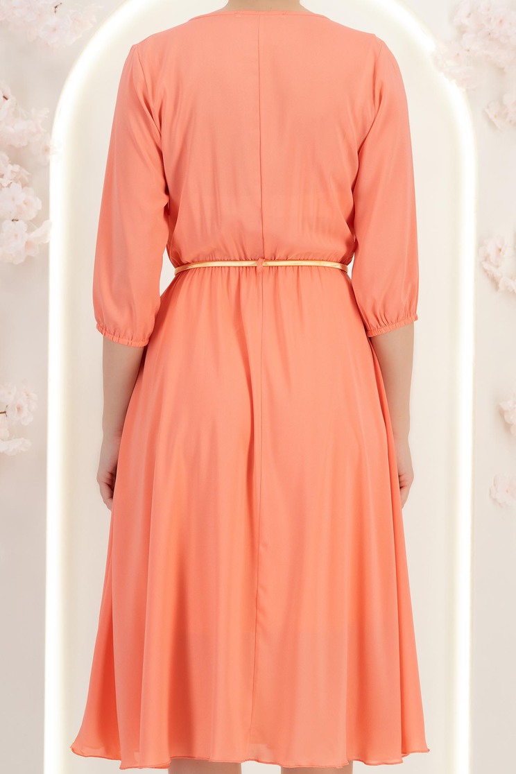 Rochie din voal corai midi in clos cu elastic in talie si decolteu cazut- StarShinerS 6 - StarShinerS.ro