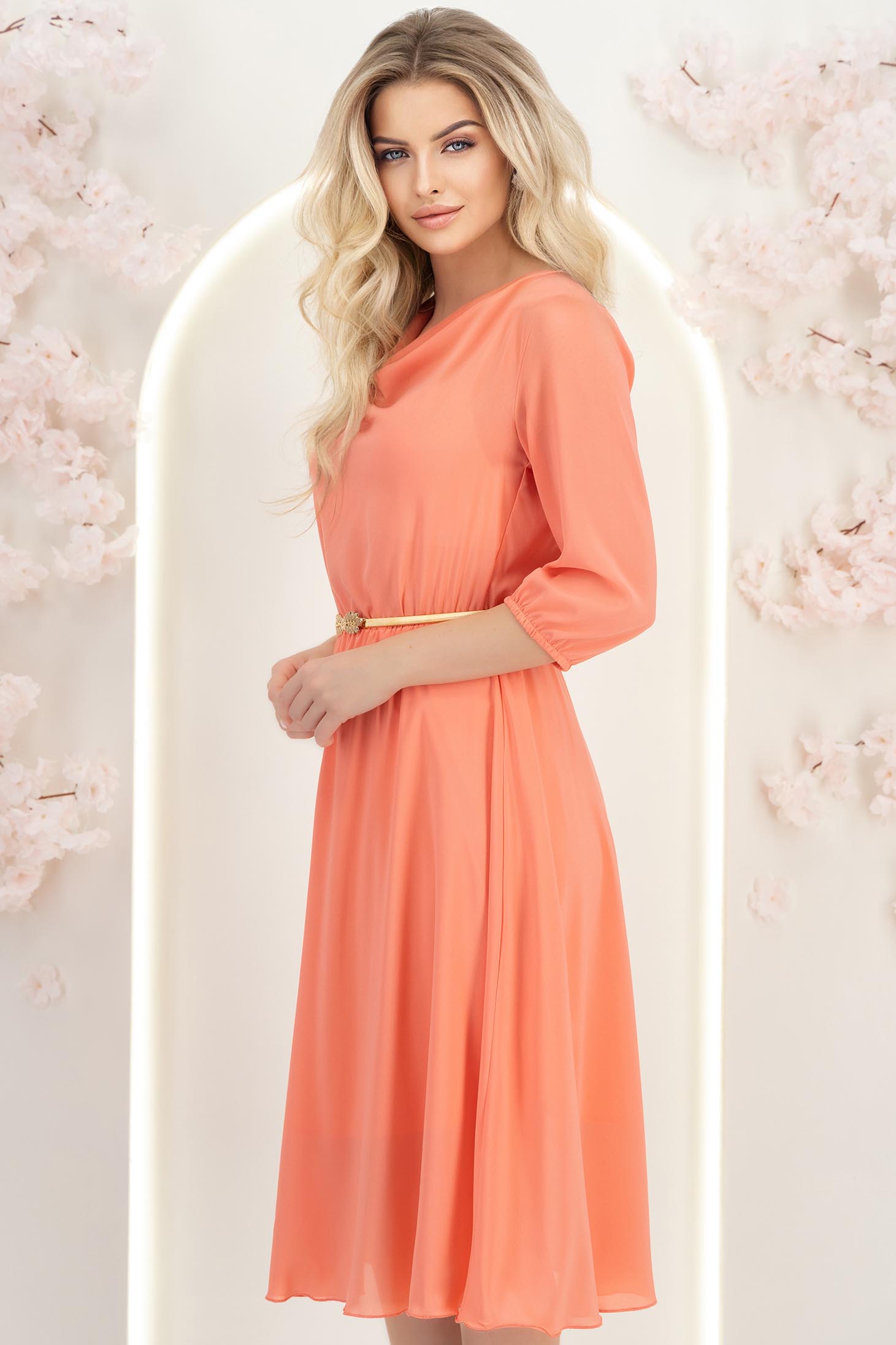 Rochie din voal corai midi in clos cu elastic in talie si decolteu cazut- StarShinerS 2 - StarShinerS.ro