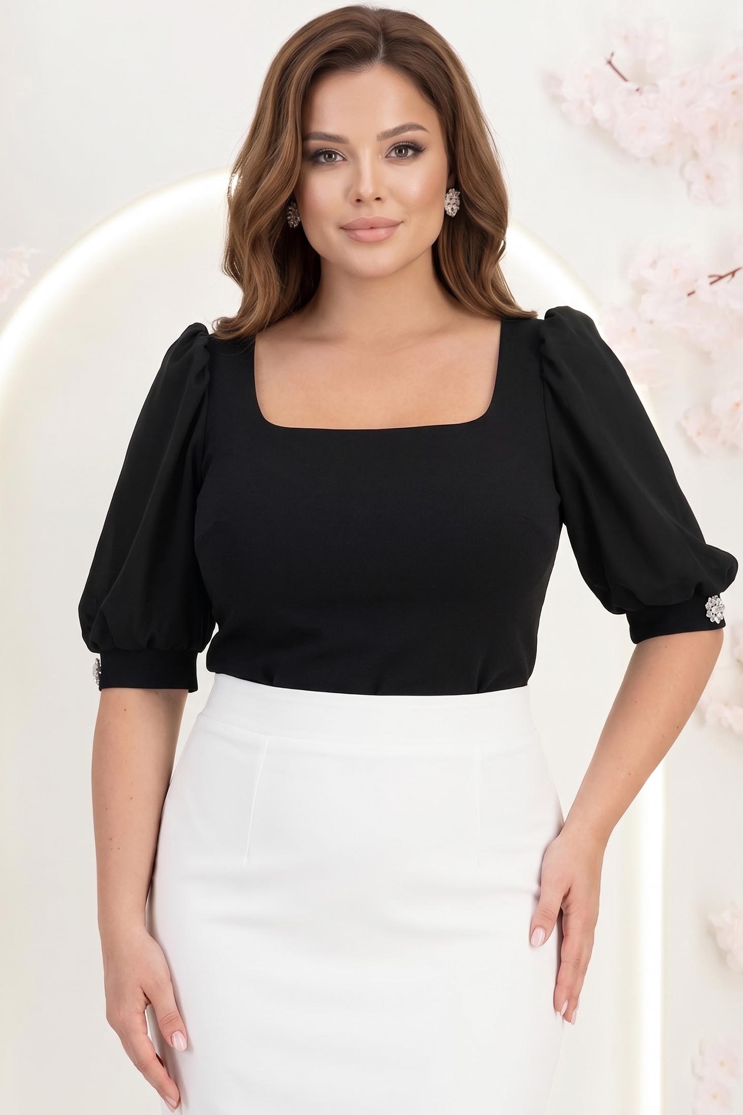 Bluza din crep neagra mulata cu maneci din voal si nasturi decorativi- StarShinerS 1 - StarShinerS.ro