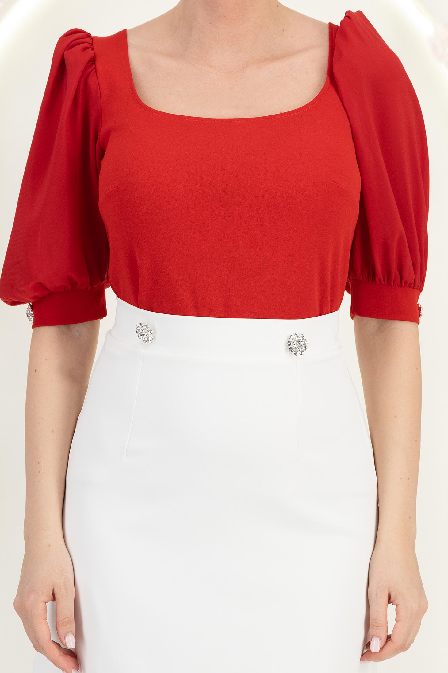 Bluza din crep rosie mulata cu maneci din voal si nasturi decorativi- StarShinerS 6 - StarShinerS.ro