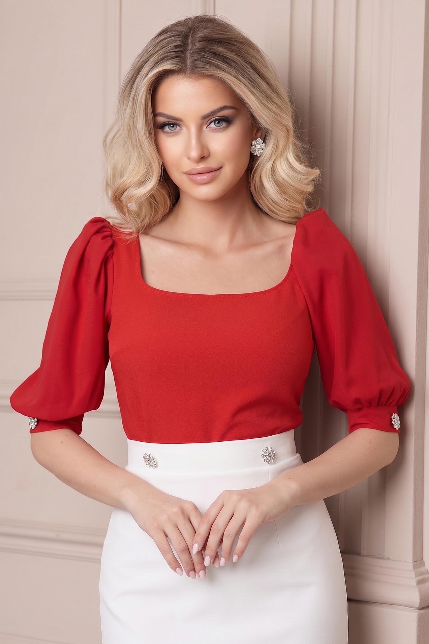 Bluza din crep rosie mulata cu maneci din voal si nasturi decorativi- StarShinerS 3 - StarShinerS.ro