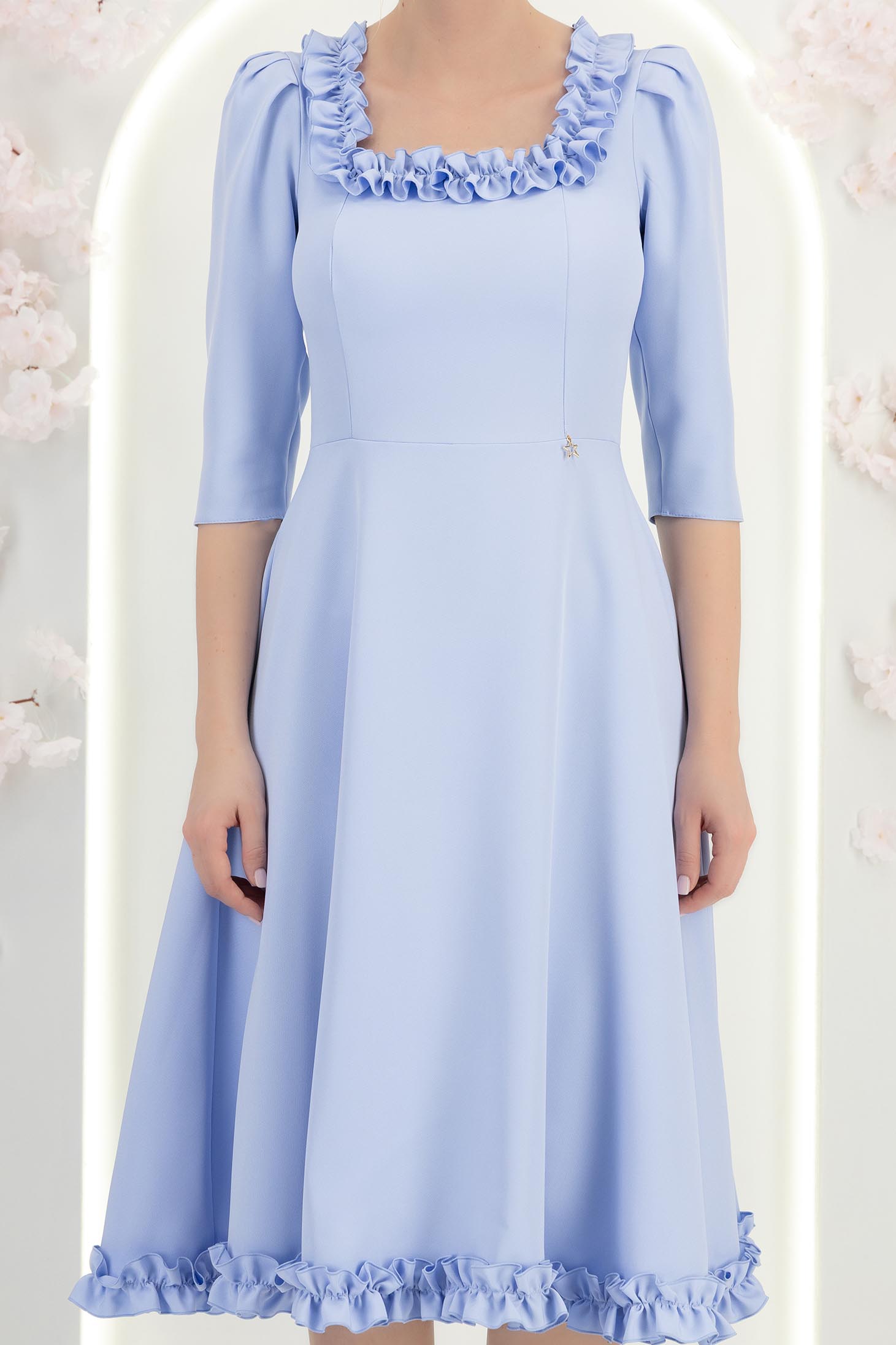 Rochie din stofa albastra-deschis midi in clos cu volanase - StarShinerS 6 - StarShinerS.ro