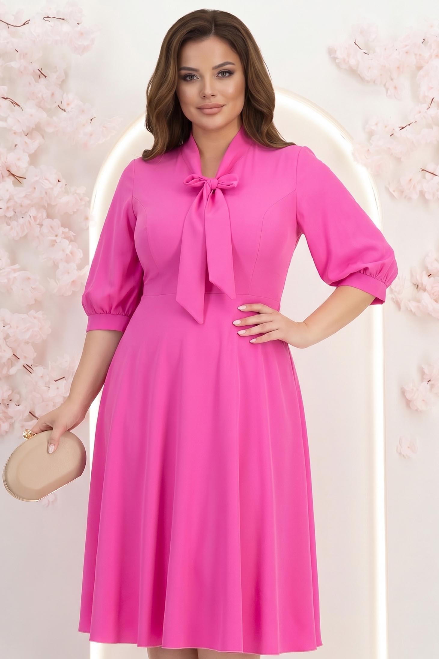 Rochie din voal fuchsia midi in clos cu guler tip esarfa - StarShinerS 1 - StarShinerS.ro