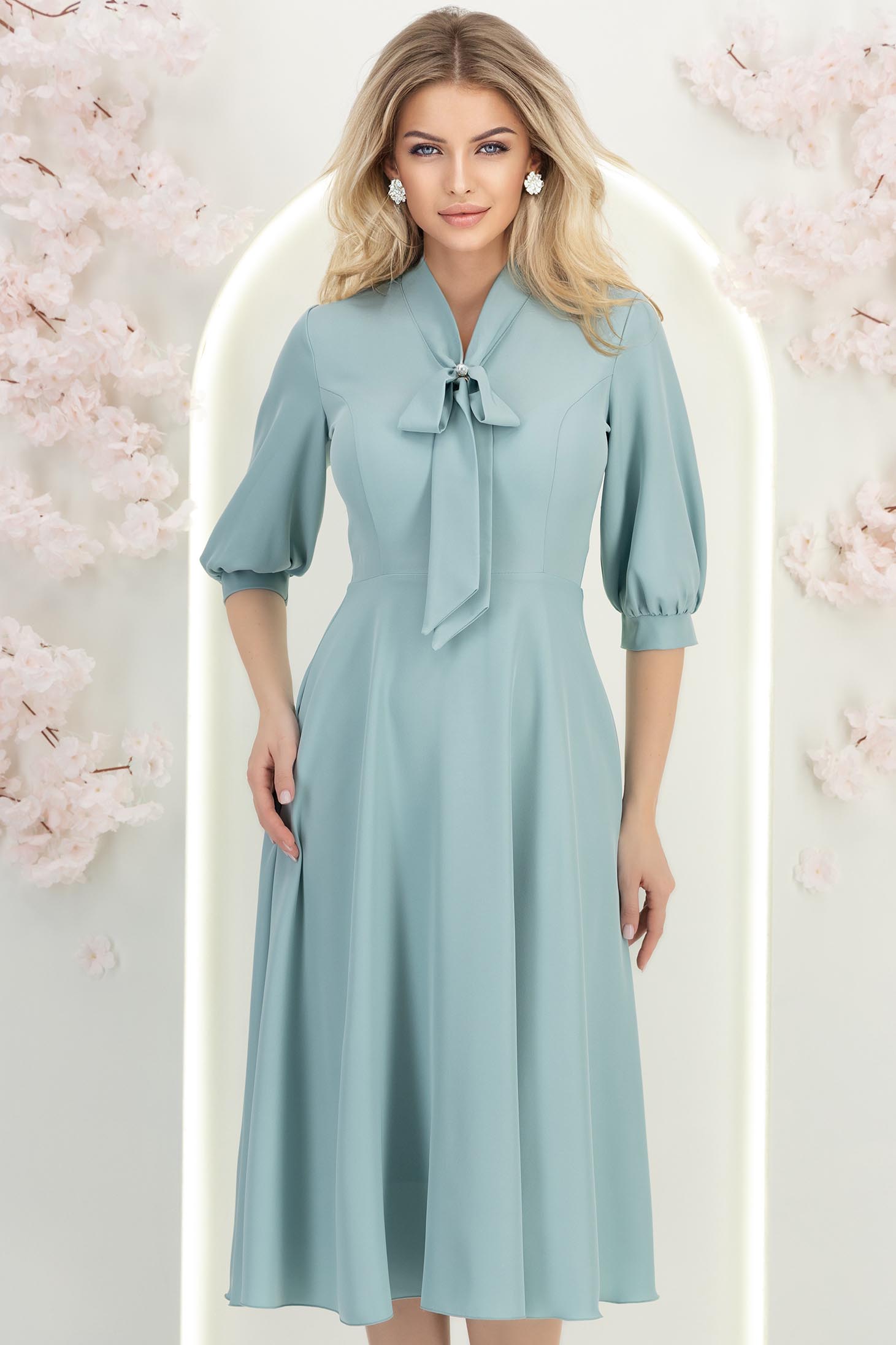 StarShinerS.ro Rochie din voal mint midi in clos cu guler tip esarfa - StarShinerS