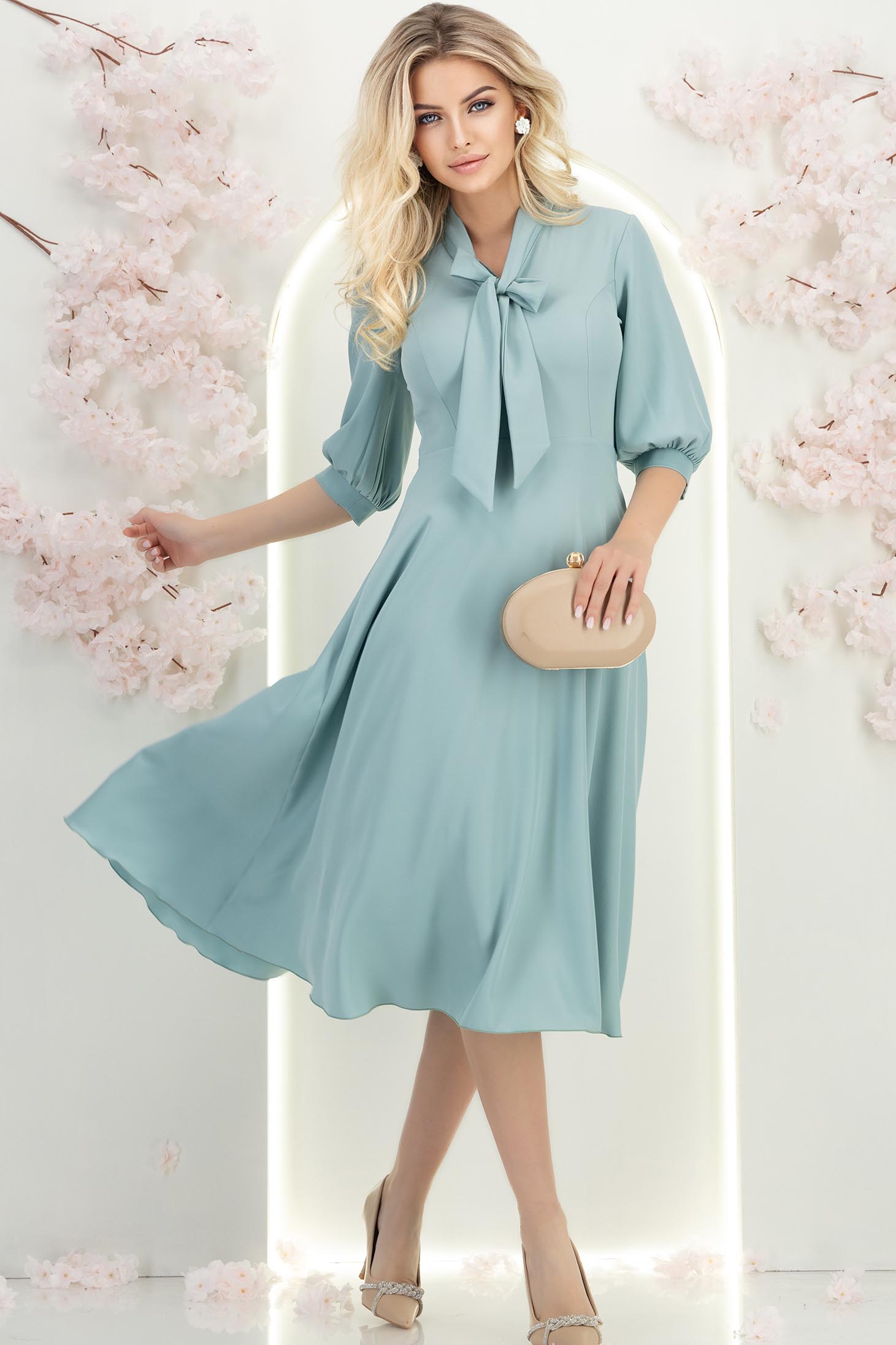 StarShinerS.ro Rochie georgette mint midi in clos cu guler tip esarfa - StarShinerS