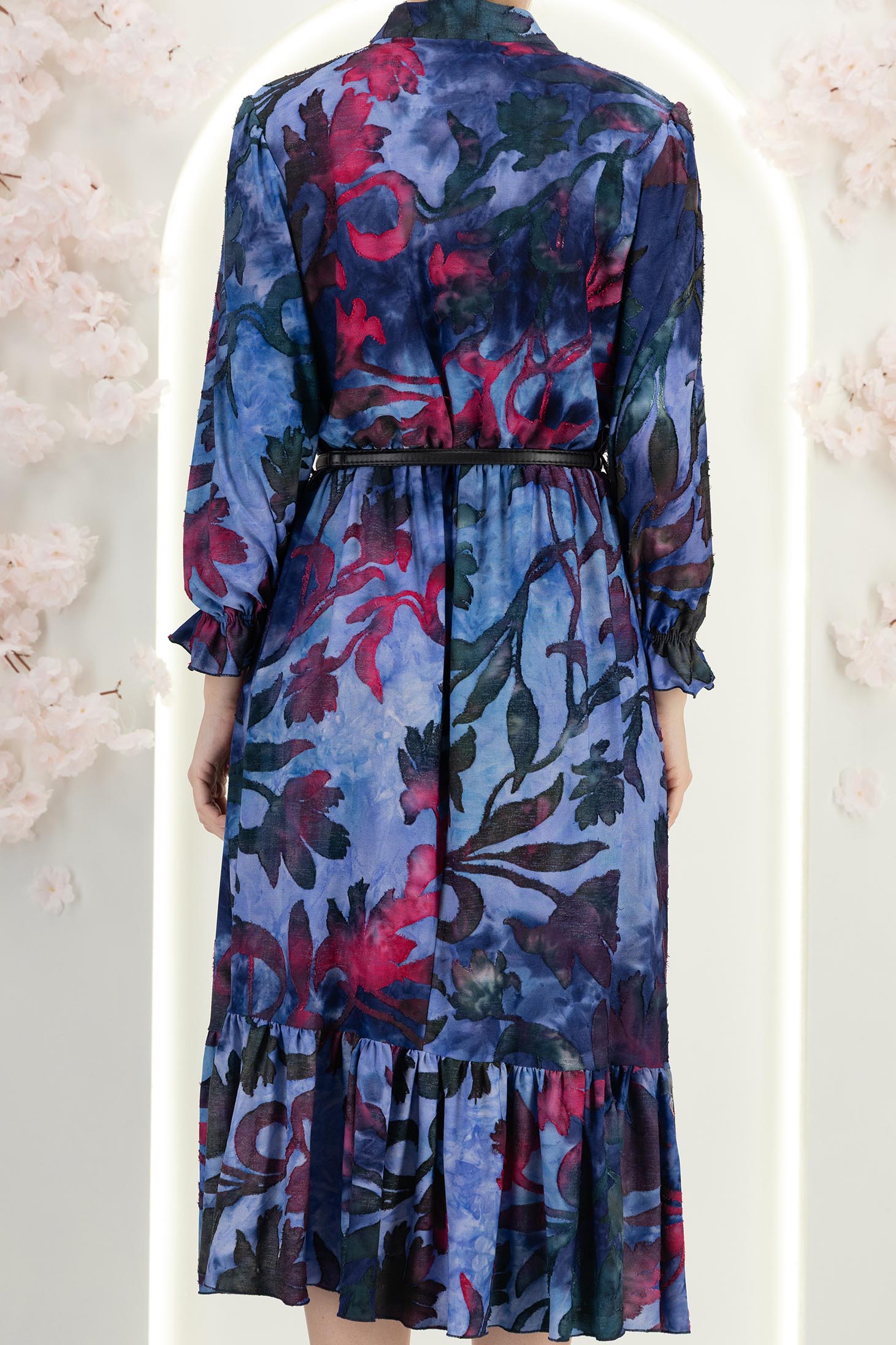 Rochie din viscoza bleumarin midi clos cu elastic in talie si volanase la maneca- StarShinerS 6 - StarShinerS.ro