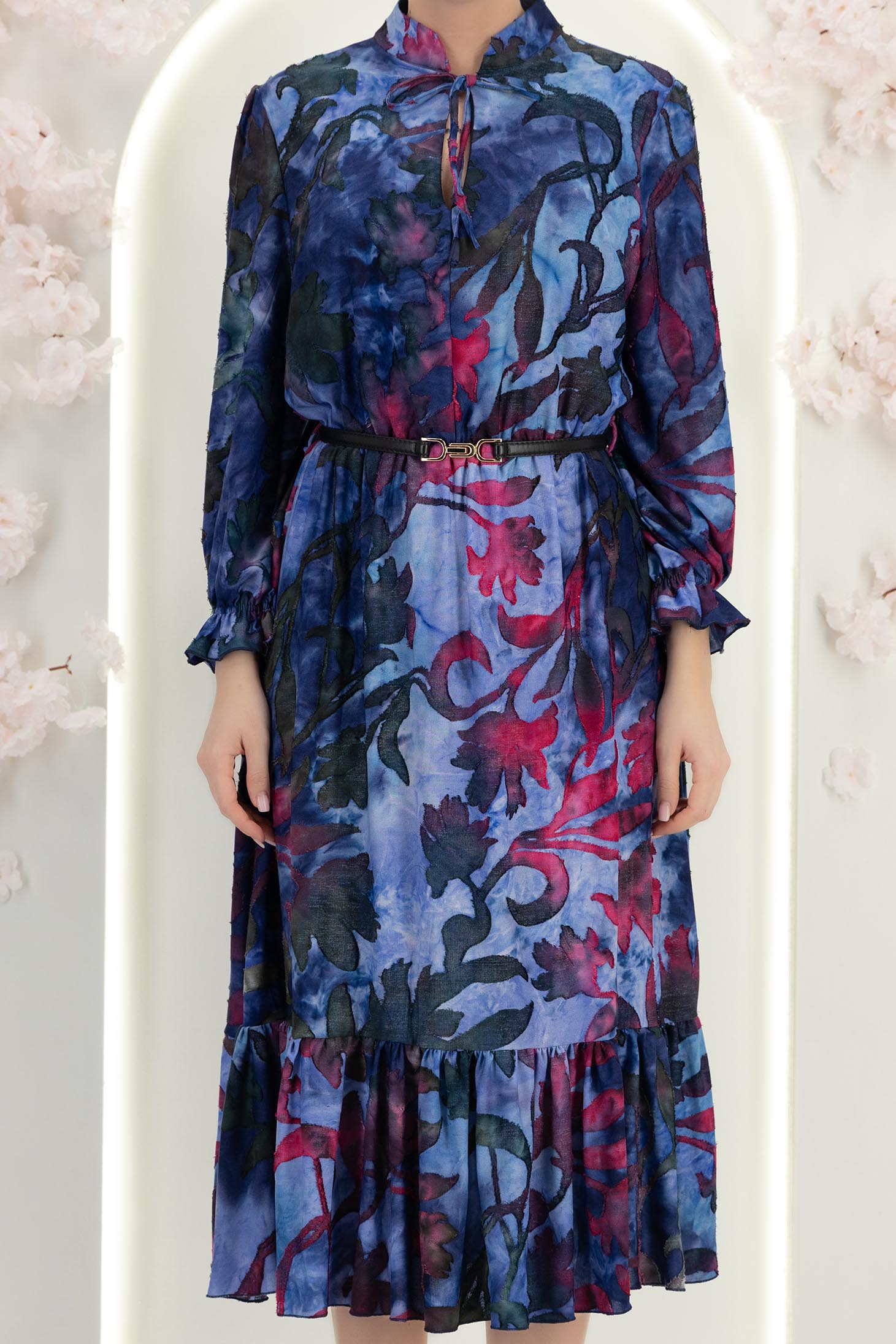 Rochie din viscoza bleumarin midi clos cu elastic in talie si volanase la maneca- StarShinerS 5 - StarShinerS.ro