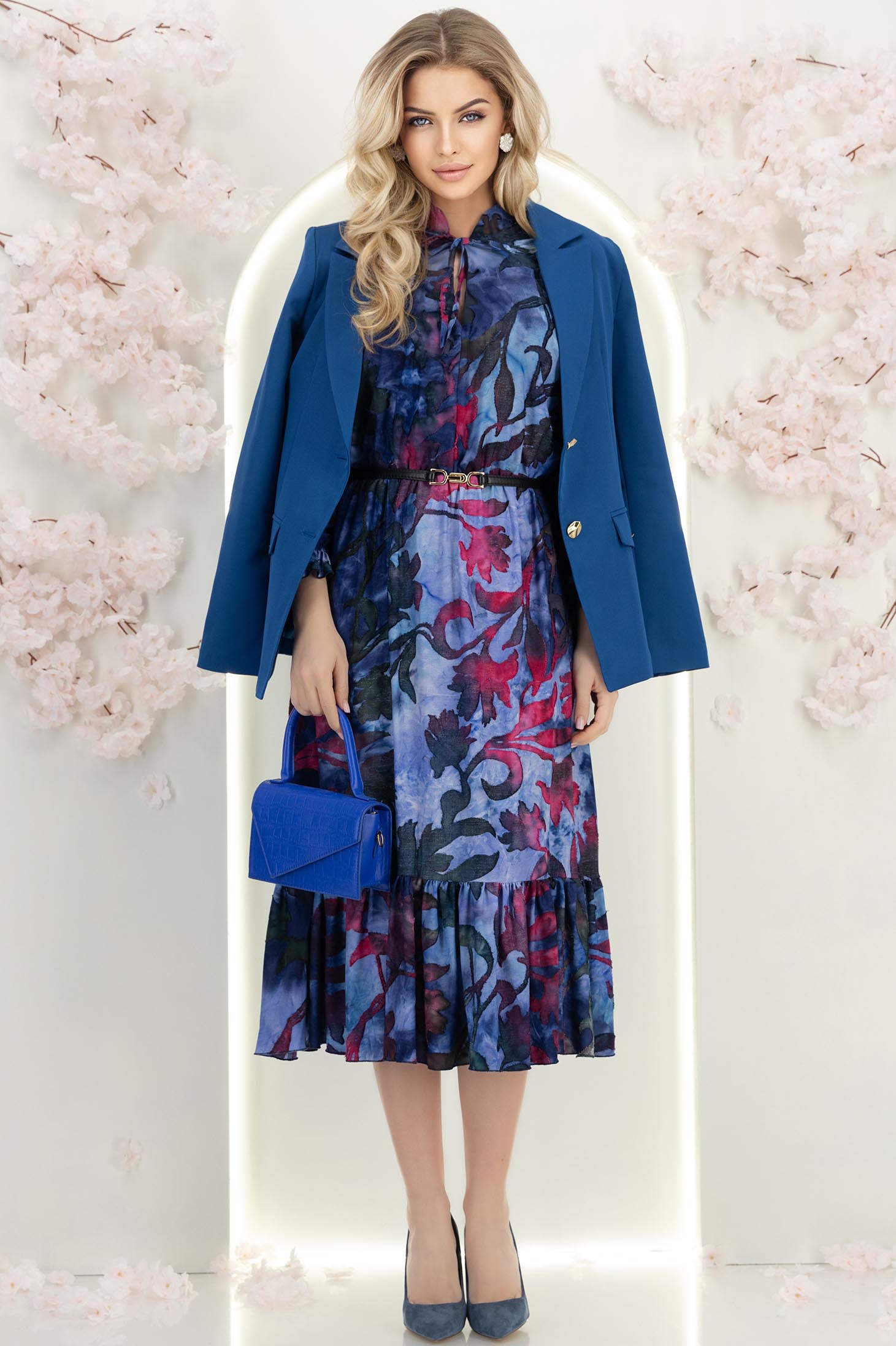 Rochie din viscoza bleumarin midi clos cu elastic in talie si volanase la maneca- StarShinerS 3 - StarShinerS.ro