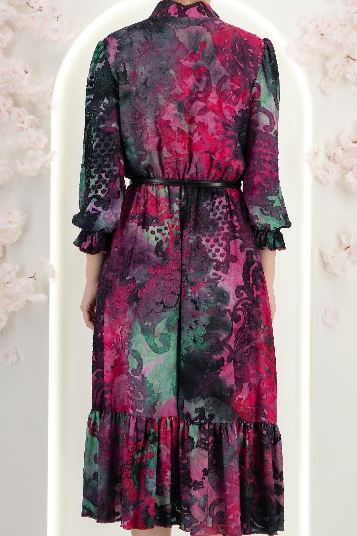 Rochie din viscoza fuchsia midi clos cu elastic in talie si volanase la maneca- StarShinerS 6 - StarShinerS.ro