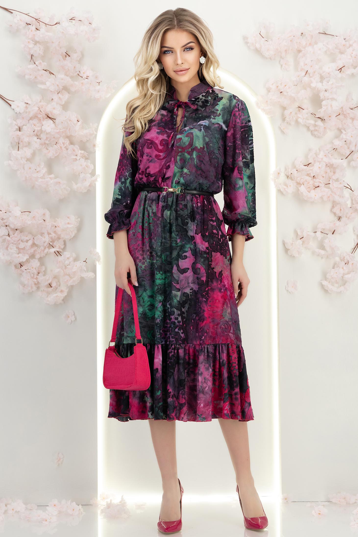 Rochie din viscoza fuchsia midi clos cu elastic in talie si volanase la maneca- StarShinerS 3 - StarShinerS.ro