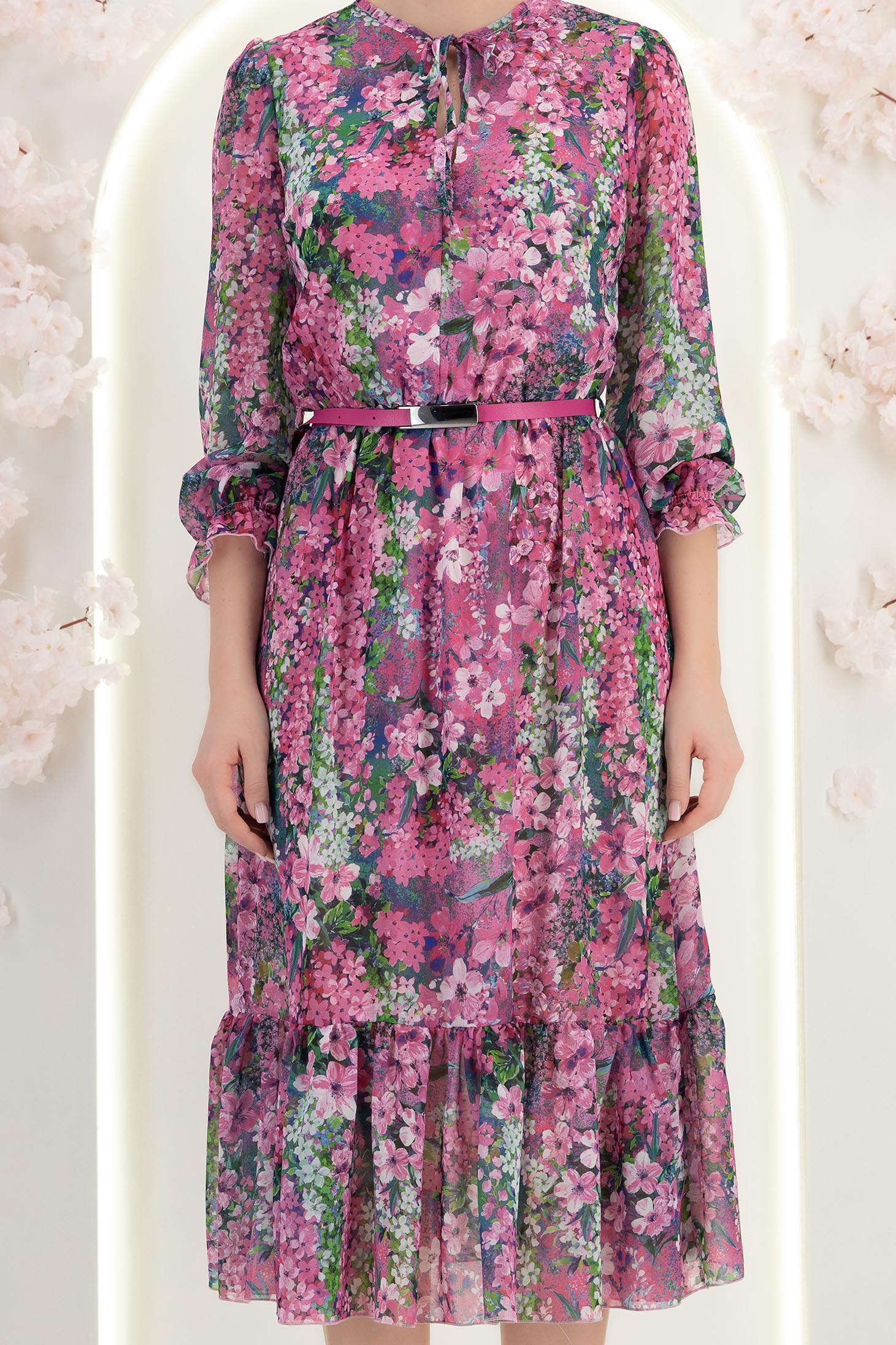 Rochie din viscoza zmeura midi in clos cu elastic in talie si curea detasabila - StarShinerS 6 - StarShinerS.ro