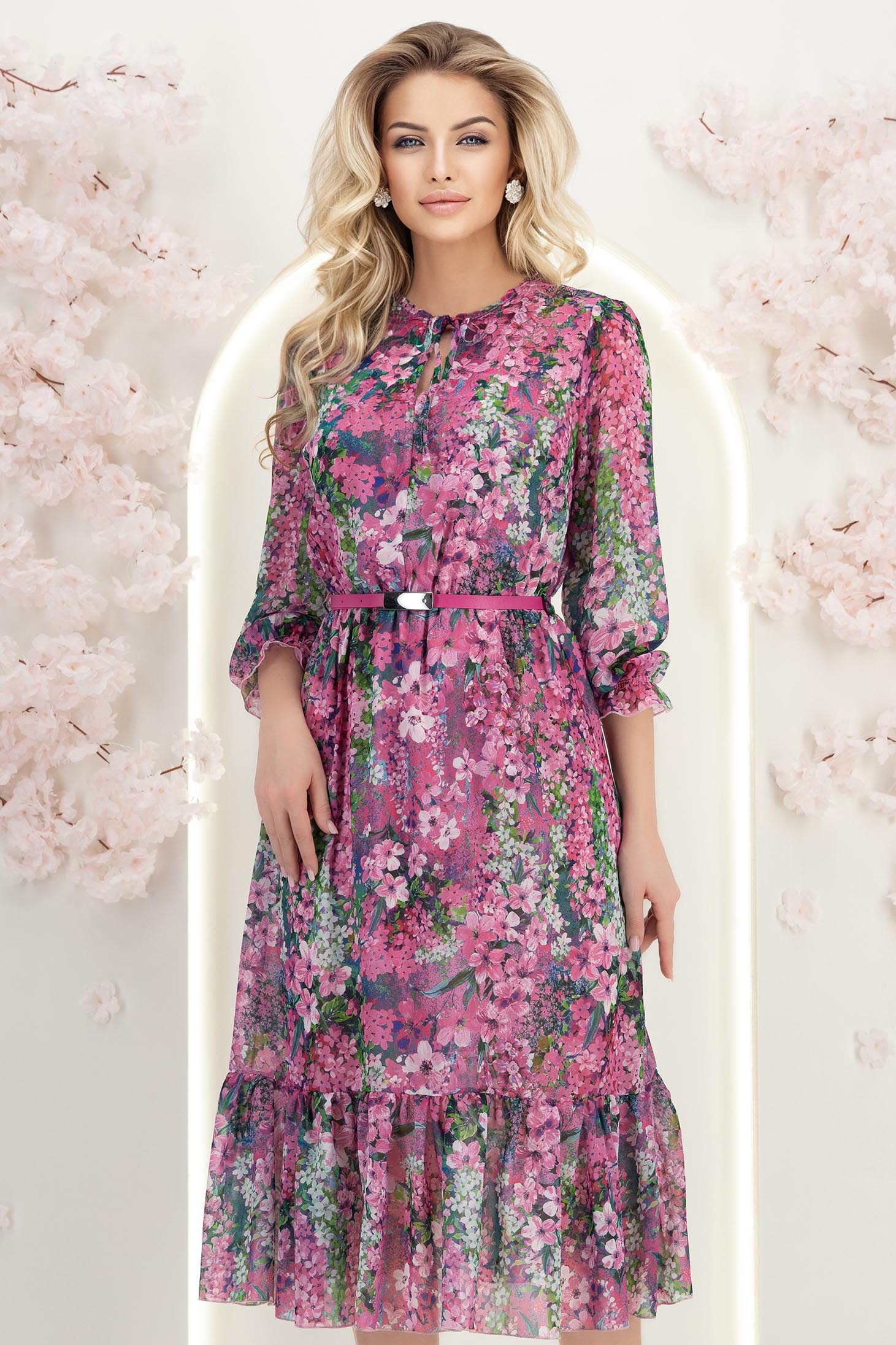 StarShinerS.ro Rochie din viscoza zmeura midi in clos cu elastic in talie si curea detasabila - StarShinerS