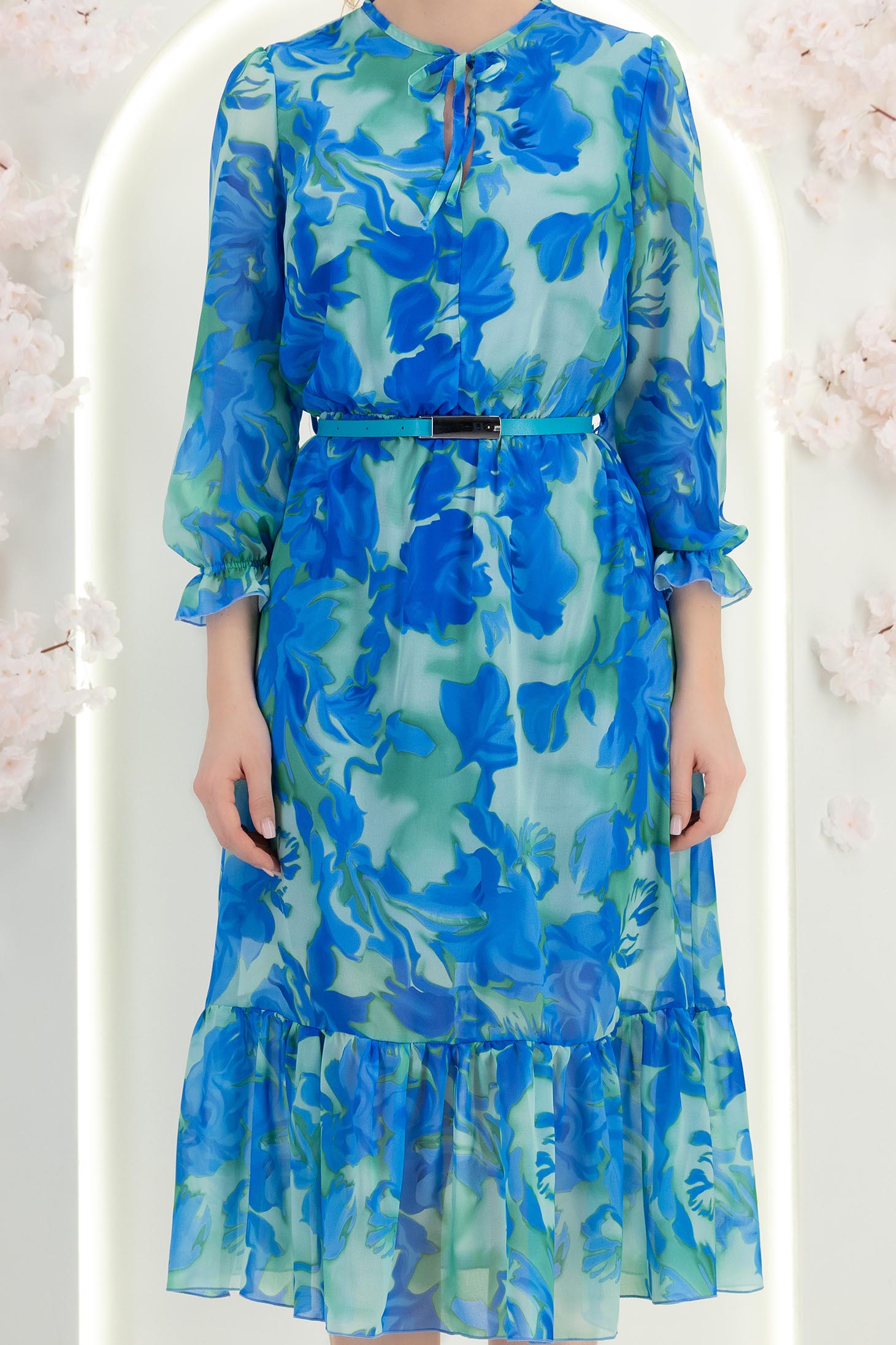 Kék ruha - StarShinerS harang alakú gumirozott derékrésszel midi viszkóz 5 - StarShinerS.hu