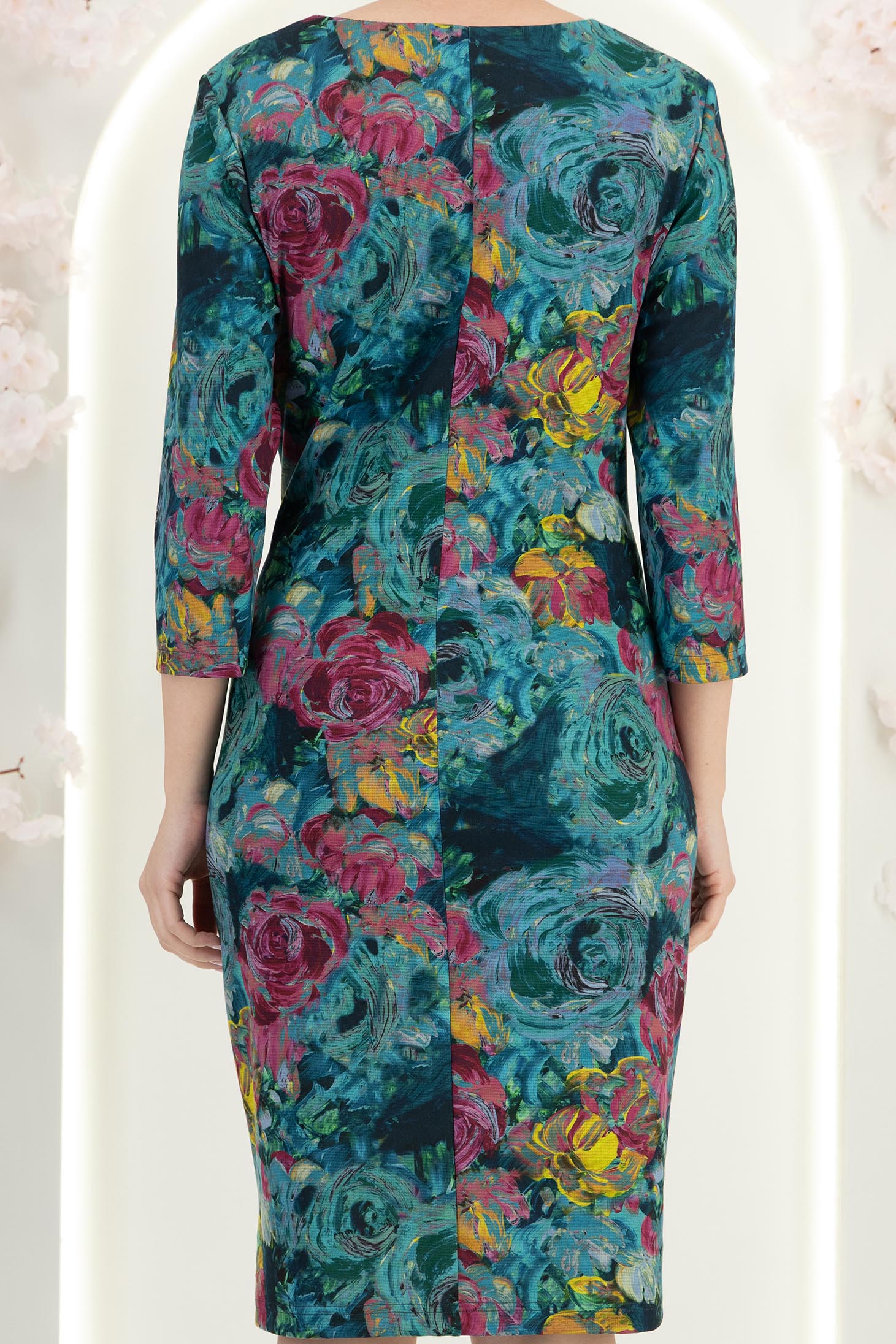 Rochie din jersey albastru-petrol pana la genunchi cu un croi drept si imprimeu floral - StarShinerS 6 - StarShinerS.ro