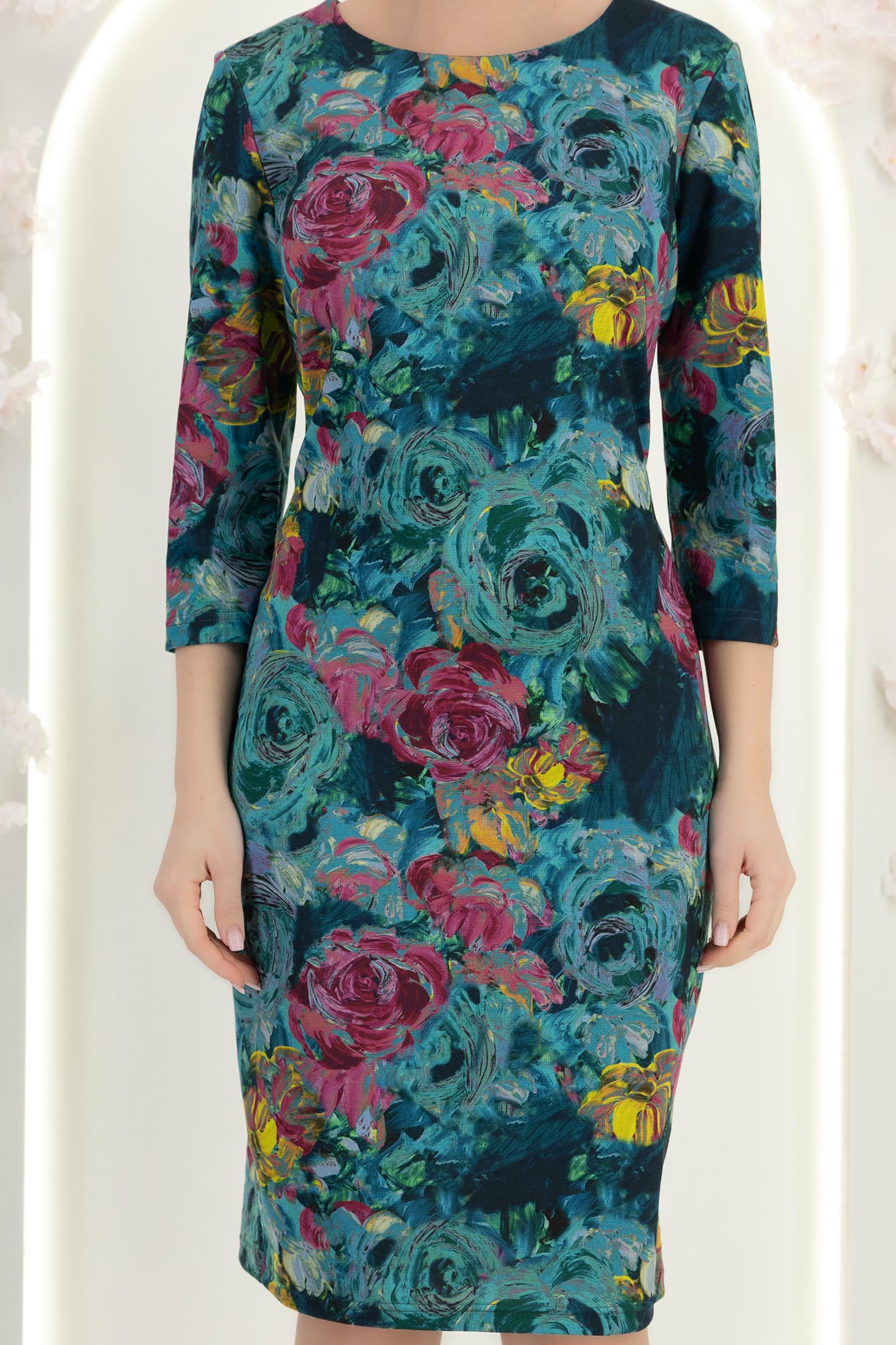 Rochie din jersey albastru-petrol pana la genunchi cu un croi drept si imprimeu floral - StarShinerS 5 - StarShinerS.ro