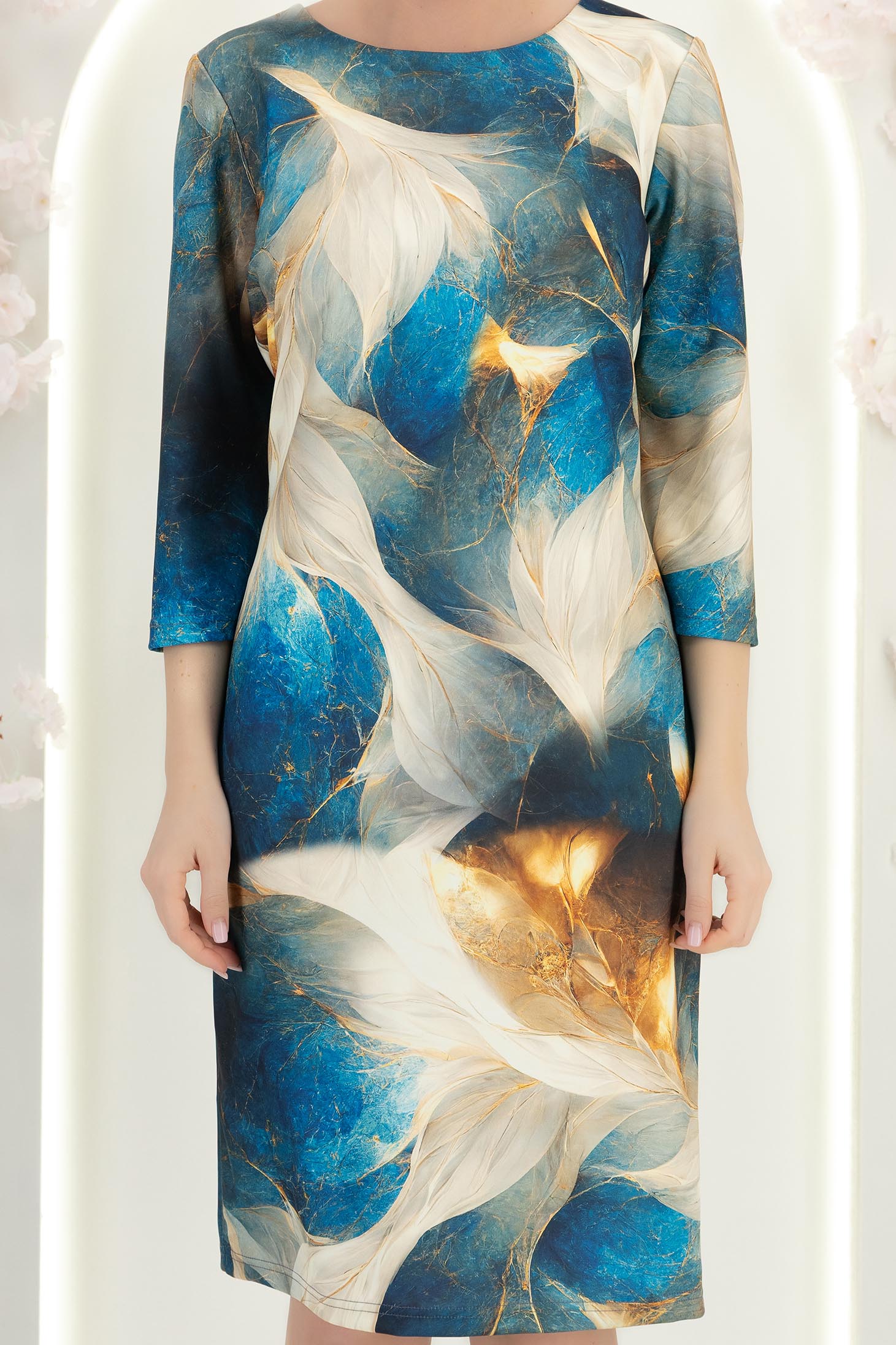 Sötétkék szövetruha, rövid, egyenes szabású, mintás - StarShinerS 5 - StarShinerS.hu