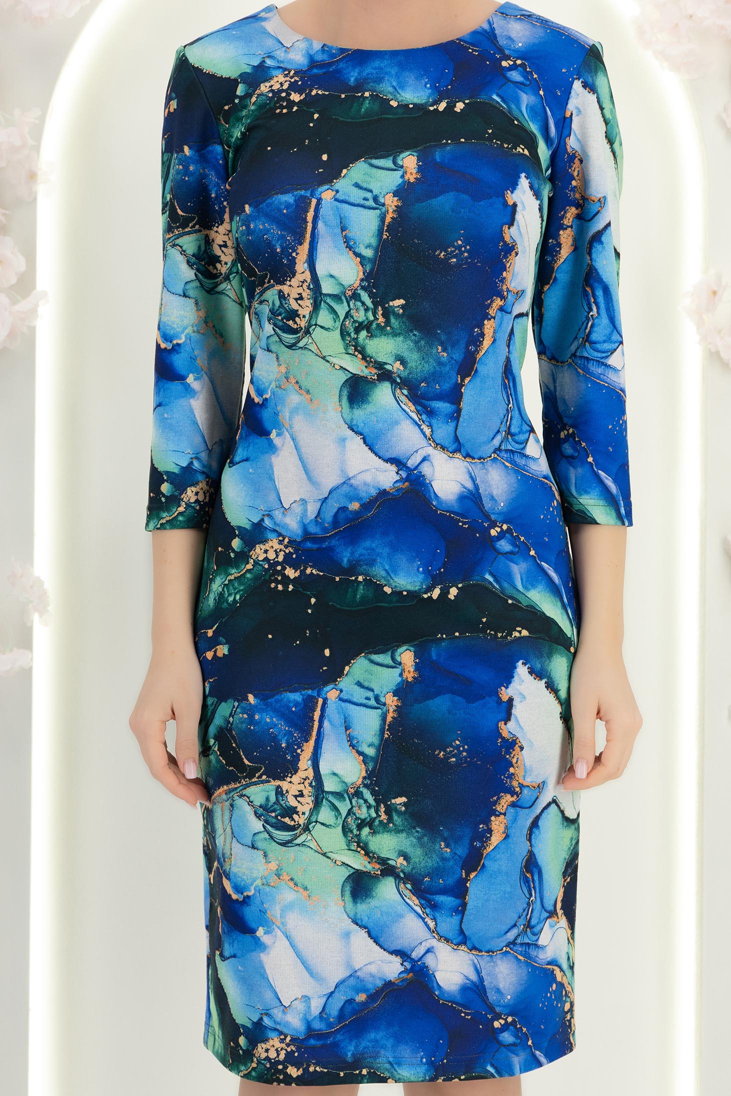 Kék szövetruha, rövid, egyenes szabású, mintás - StarShinerS 5 - StarShinerS.hu