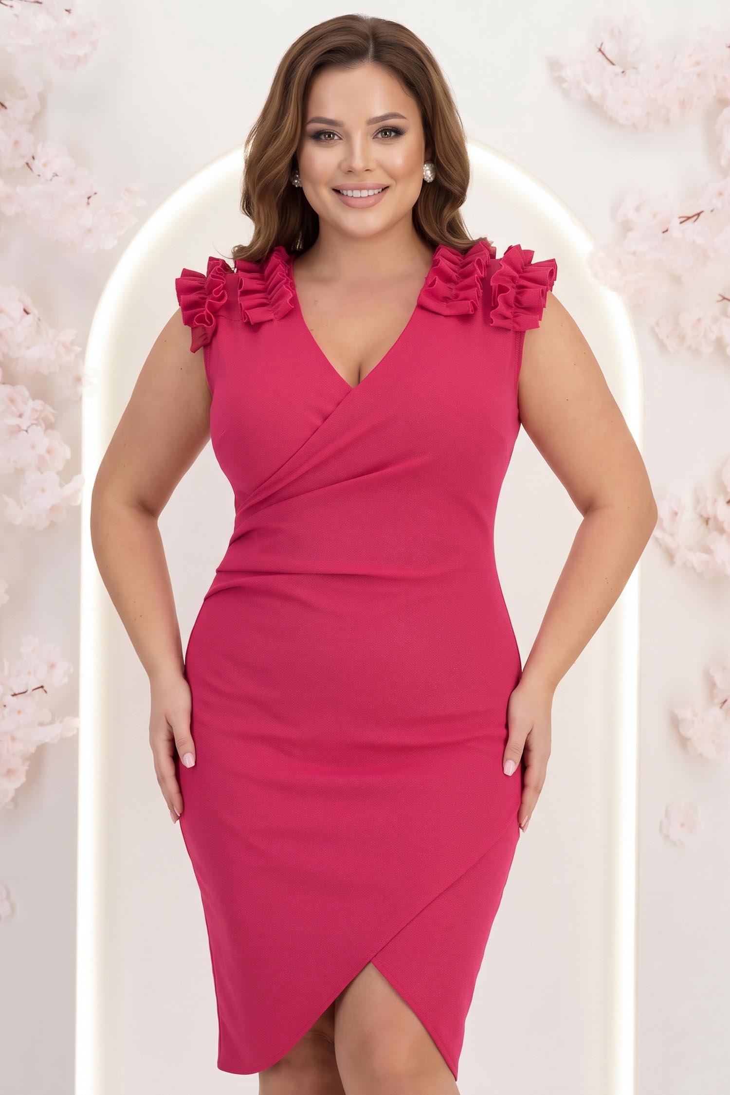 Rochie din crep fuchsia pana la genunchi petrecuta tip creion cu volanase - StarShinerS 1 - StarShinerS.ro
