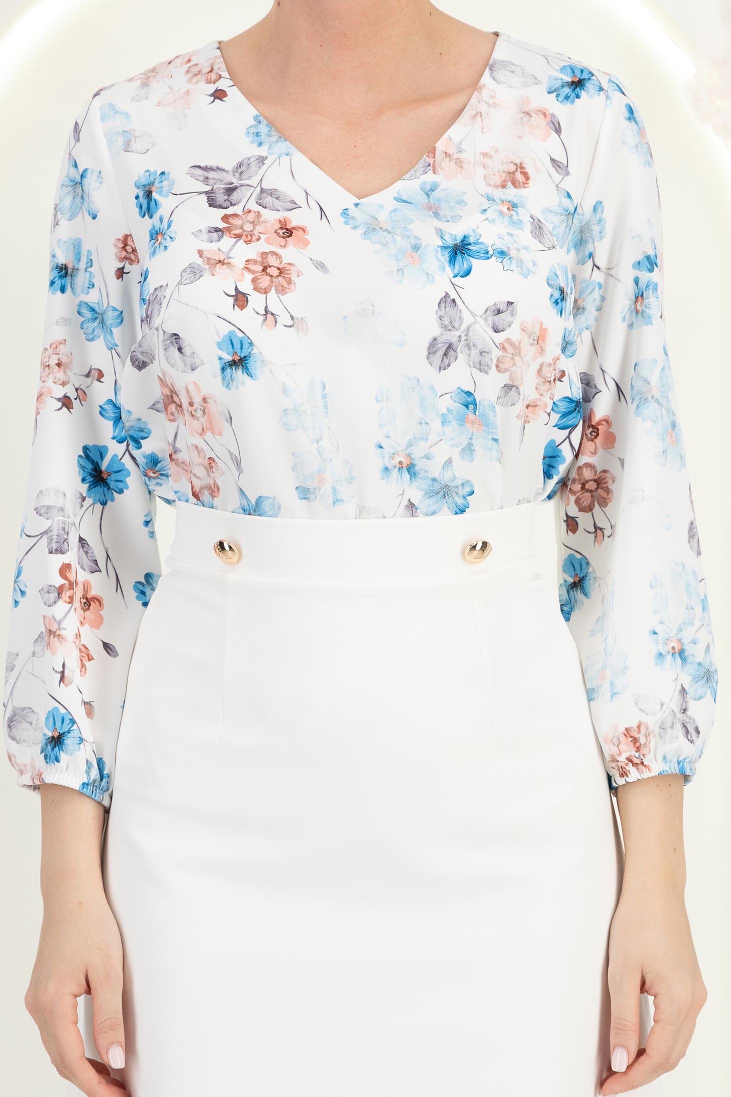 Bluza dama din viscoza albastru-deschis imprimata cu un croi larg si maneci bufante - StarShinerS 5 - StarShinerS.ro