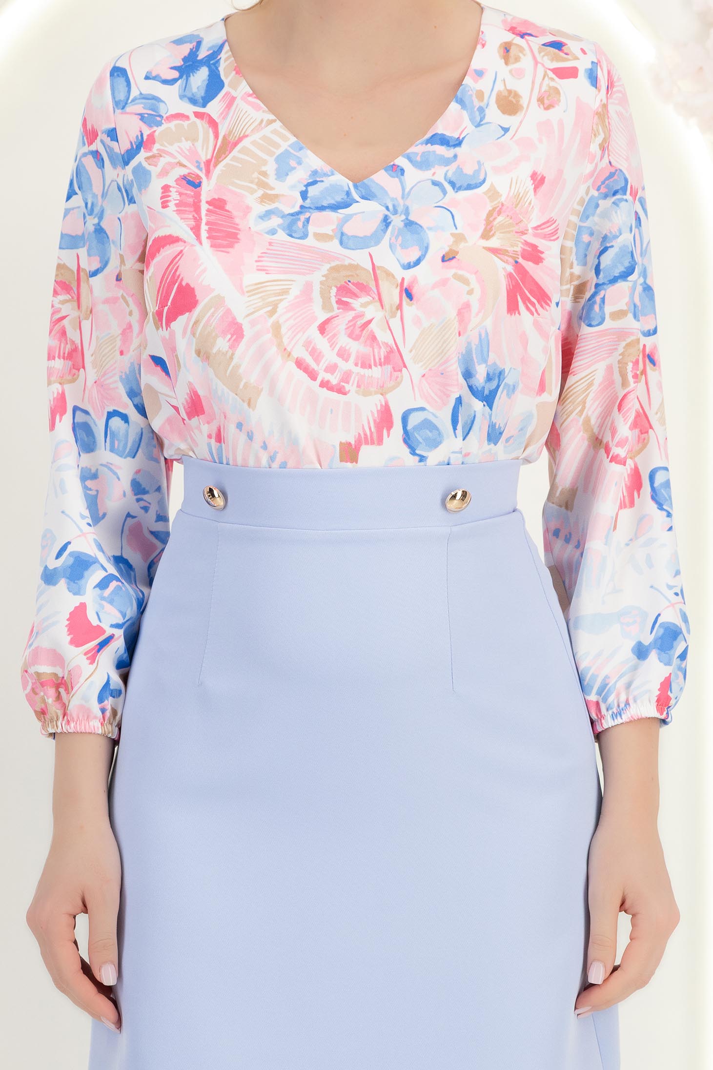 Bluza dama din viscoza roz imprimata cu un croi larg si maneci bufante - StarShinerS 5 - StarShinerS.ro