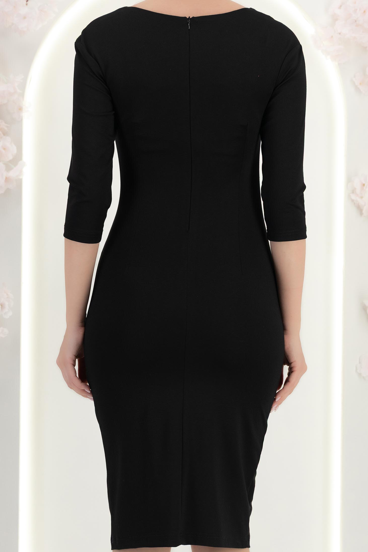 Rochie din modal neagra până la genunchi tip creion cu drapaje laterale- StarShinerS 6 - StarShinerS.ro