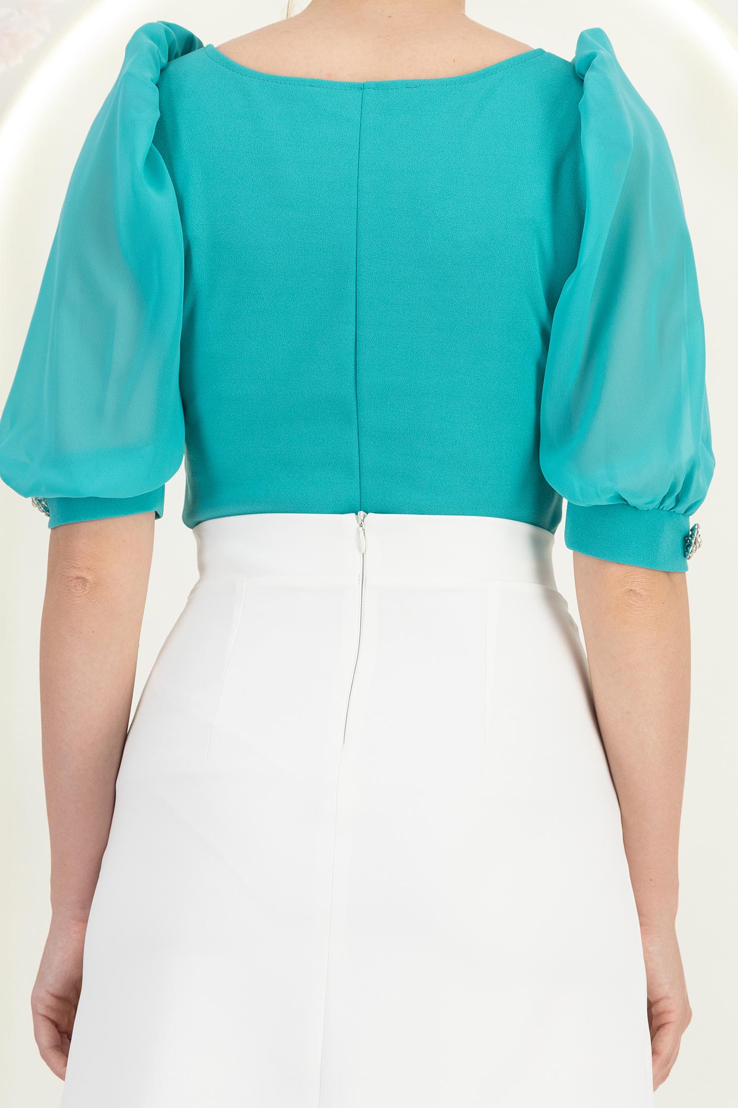 Bluza din crep turcoaz mulata cu maneci din voal si nasturi decorativi- StarShinerS 5 - StarShinerS.ro