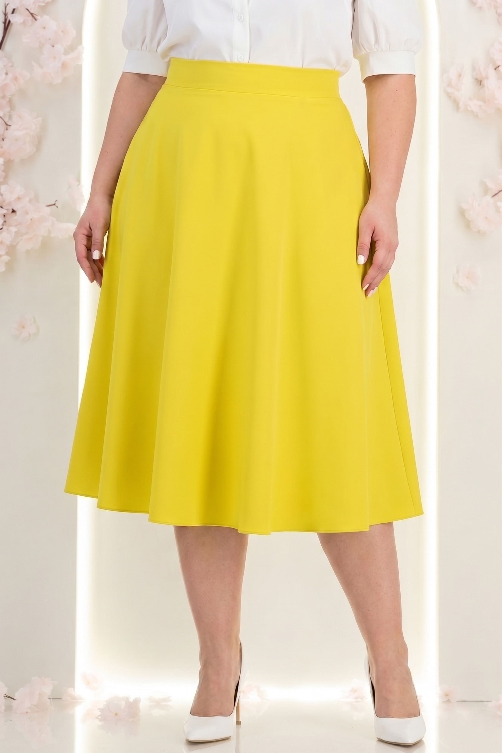 Fusta din stofa verde lime midi in clos - StarShinerS 2 - StarShinerS.ro