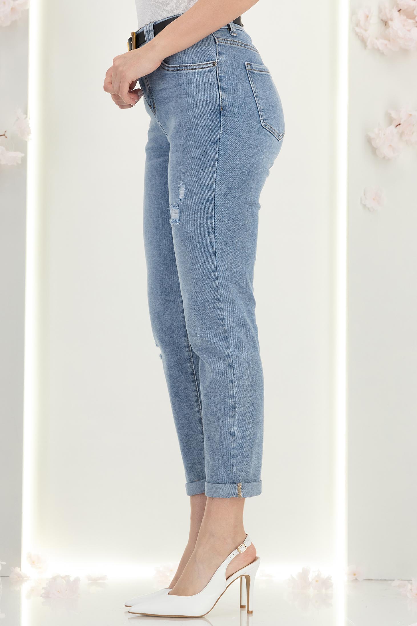 Blugi albastri lungi skinny cu accesoriu tip curea 3 - StarShinerS.ro