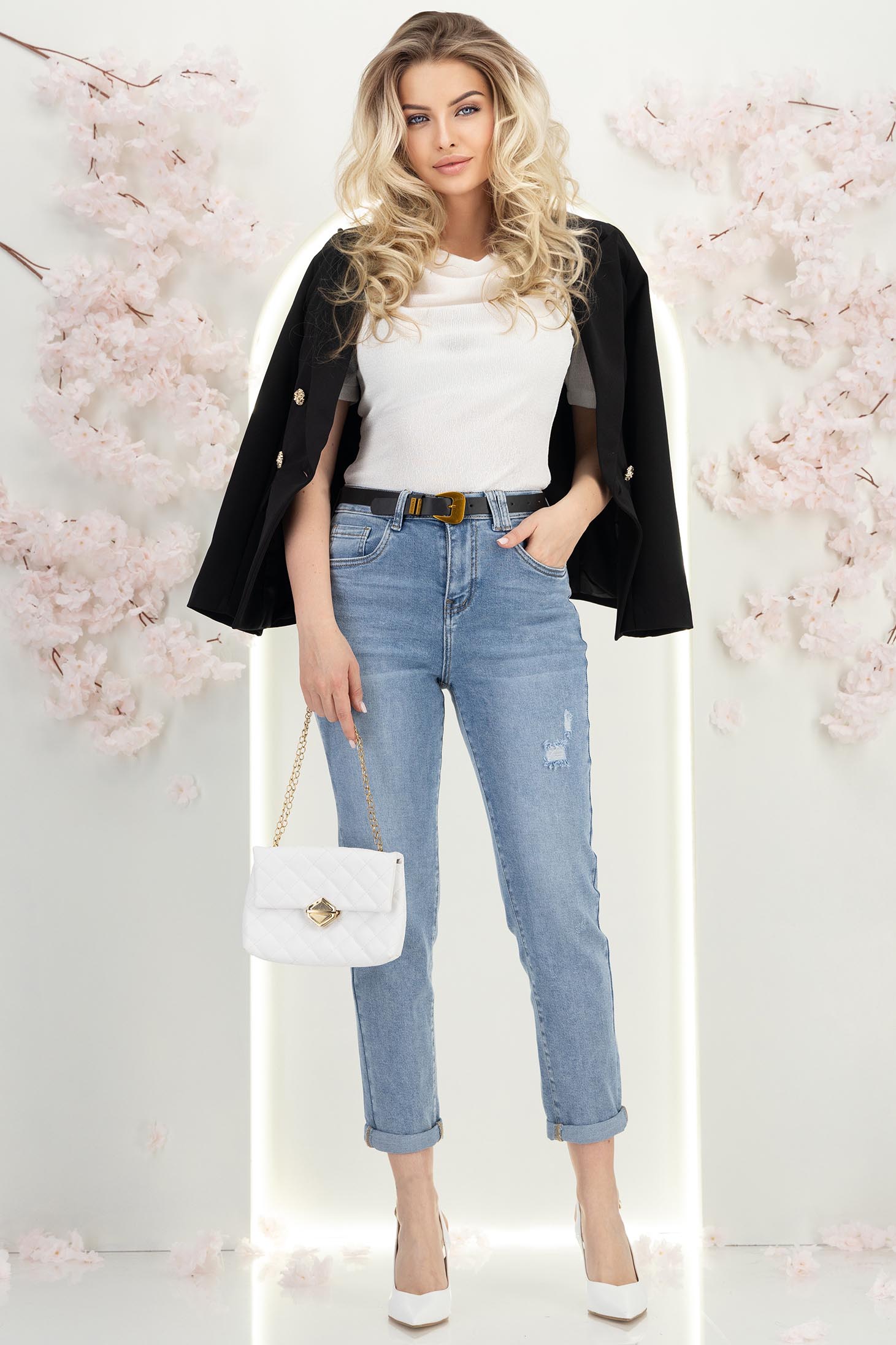 Blugi albastri lungi skinny cu accesoriu tip curea 2 - StarShinerS.ro