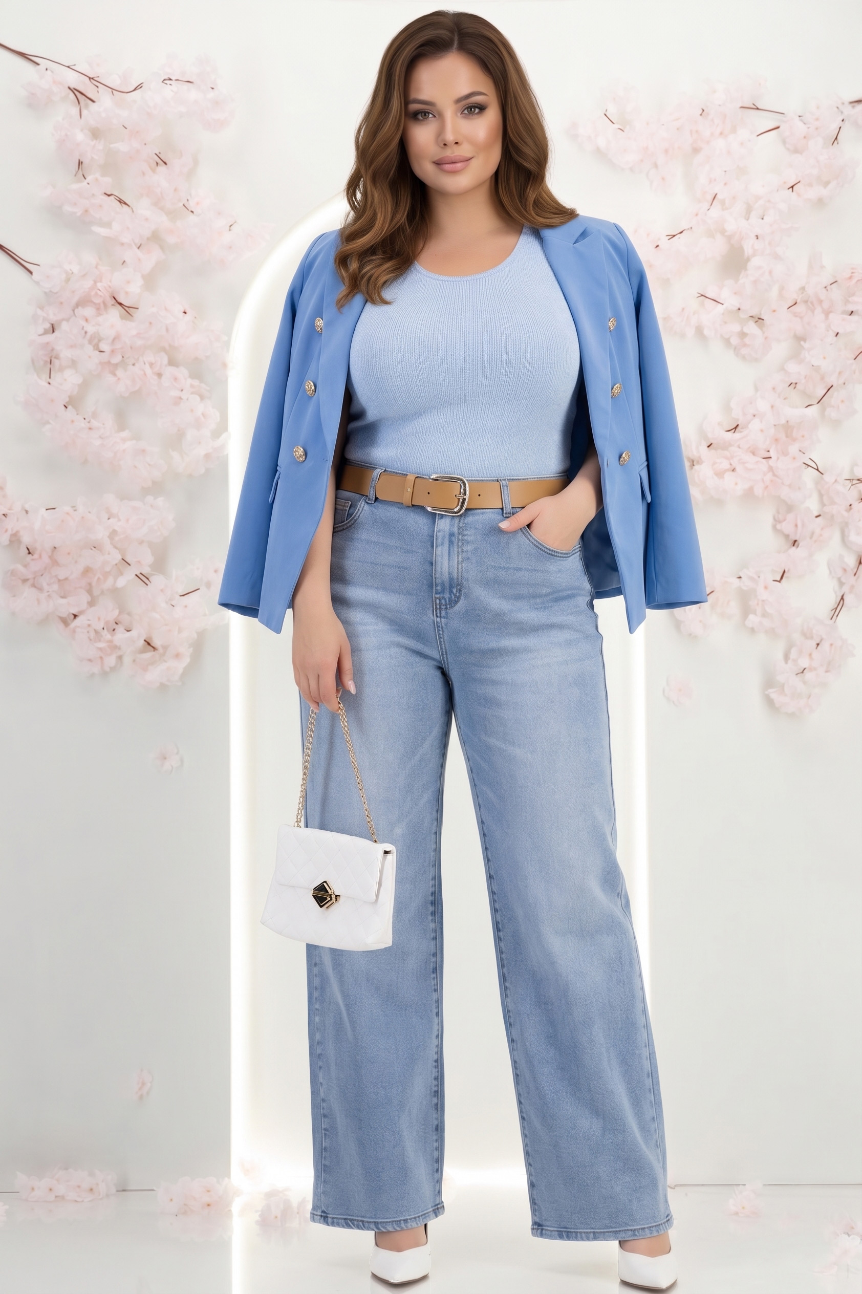 Blugi lungi albastri cu un croi drept si accesoriu tip curea 1 - StarShinerS.ro