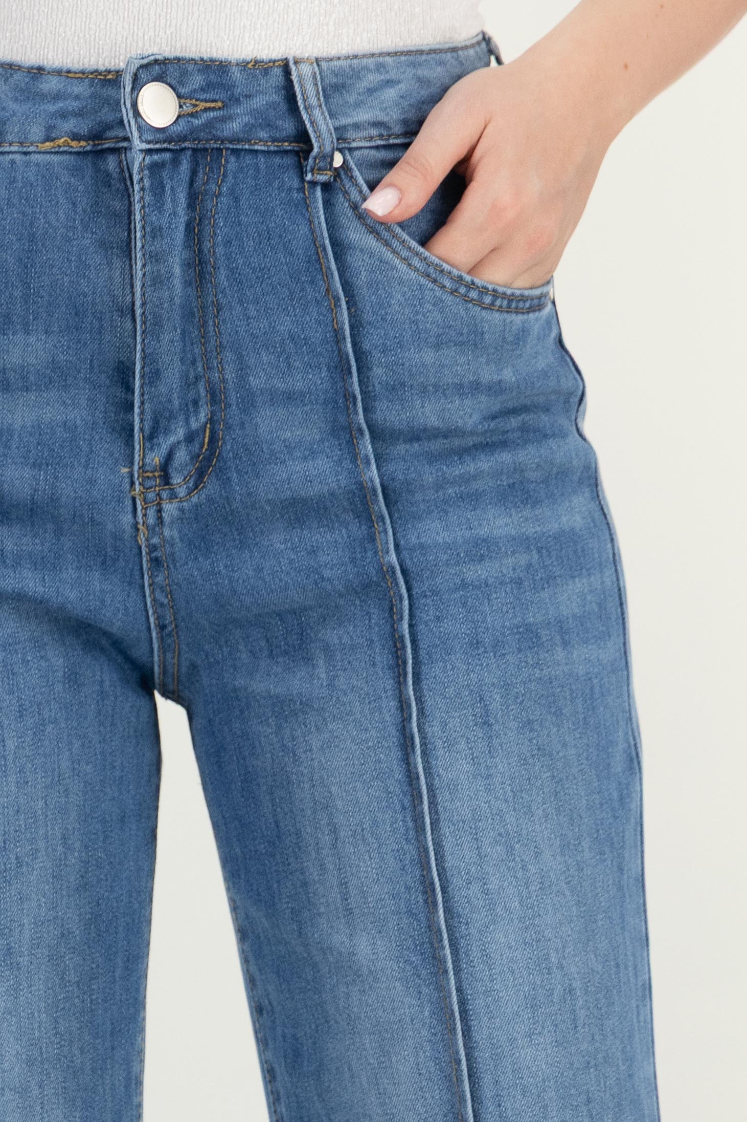 Blugi albastri lungi straight fit cu talie inalta si buzunare laterale 5 - StarShinerS.ro