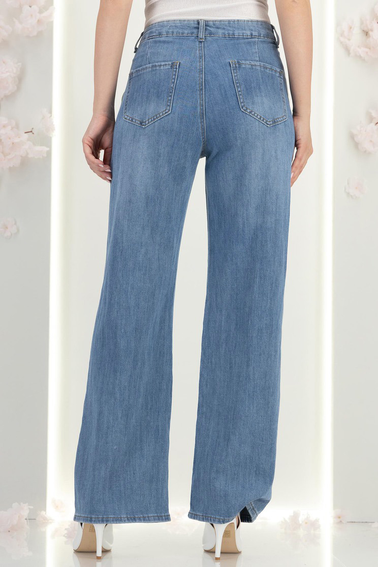 Blugi albastri lungi straight fit cu talie inalta si buzunare laterale 3 - StarShinerS.ro