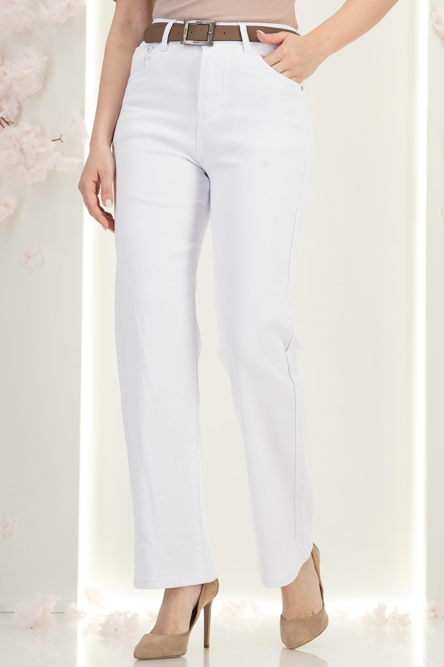 Blugi albi lungi cu croi drept si accesoriu tip curea 4 - StarShinerS.ro