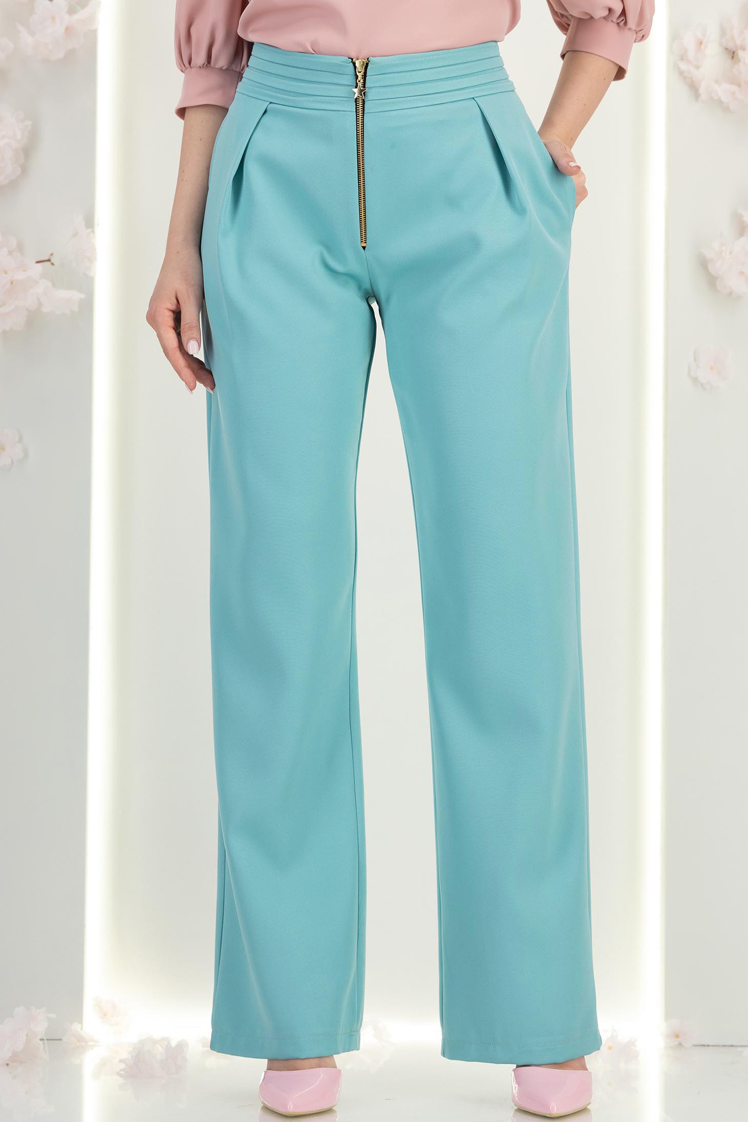 Pantaloni din stofa turcoaz lungi drepti cu buzunare laterale- StarShinerS 3 - StarShinerS.ro