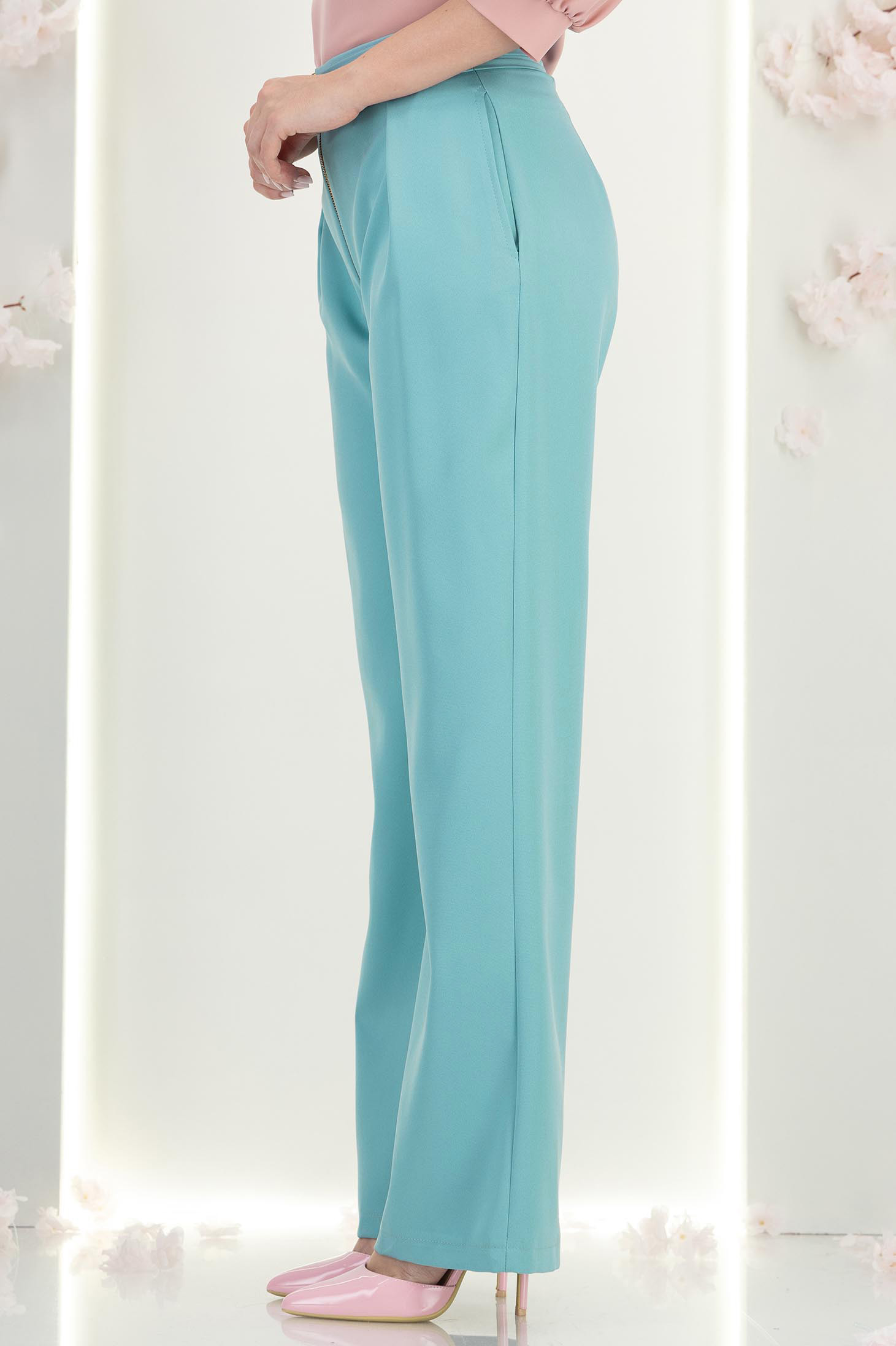 Pantaloni din stofa turcoaz lungi drepti cu buzunare laterale- StarShinerS 5 - StarShinerS.ro