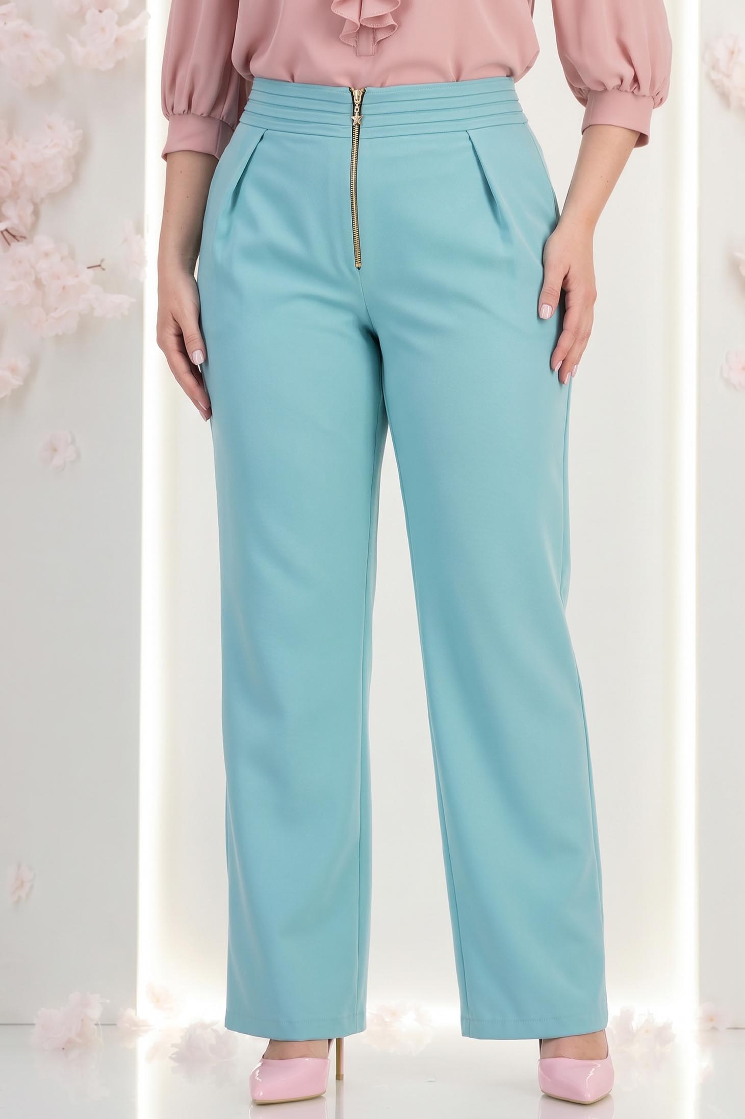 Pantaloni din stofa turcoaz lungi drepti cu buzunare laterale- StarShinerS 1 - StarShinerS.ro