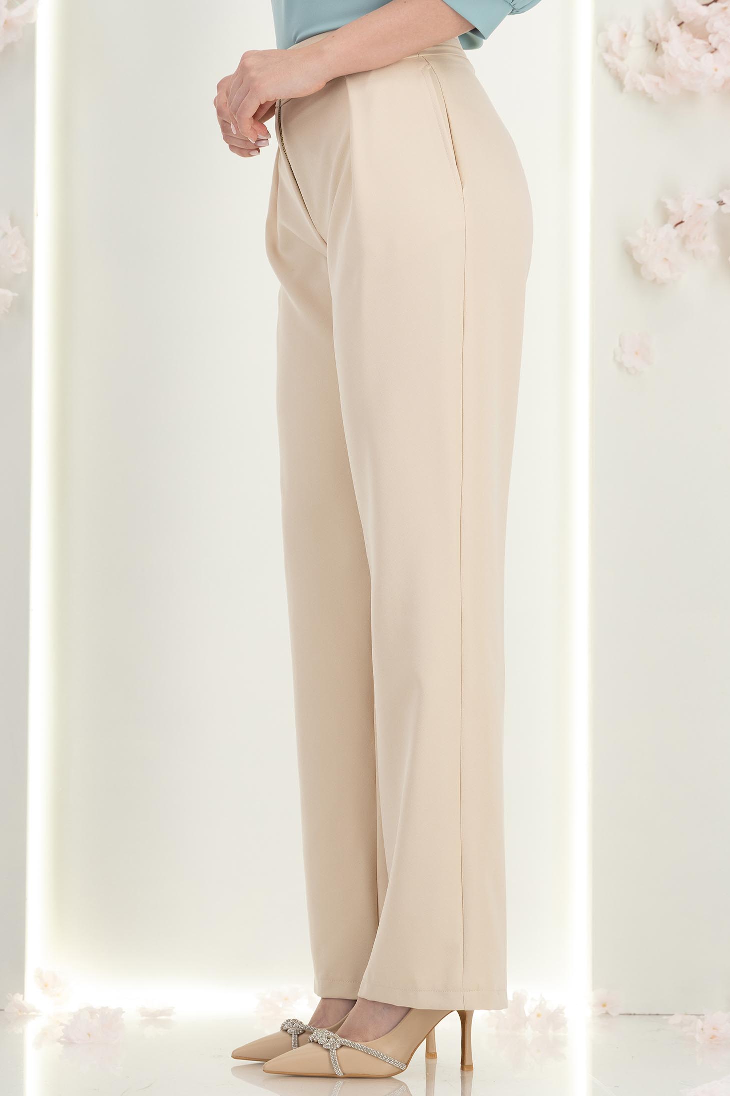 Pantaloni din stofa crem lungi drepti cu buzunare laterale- StarShinerS 4 - StarShinerS.ro