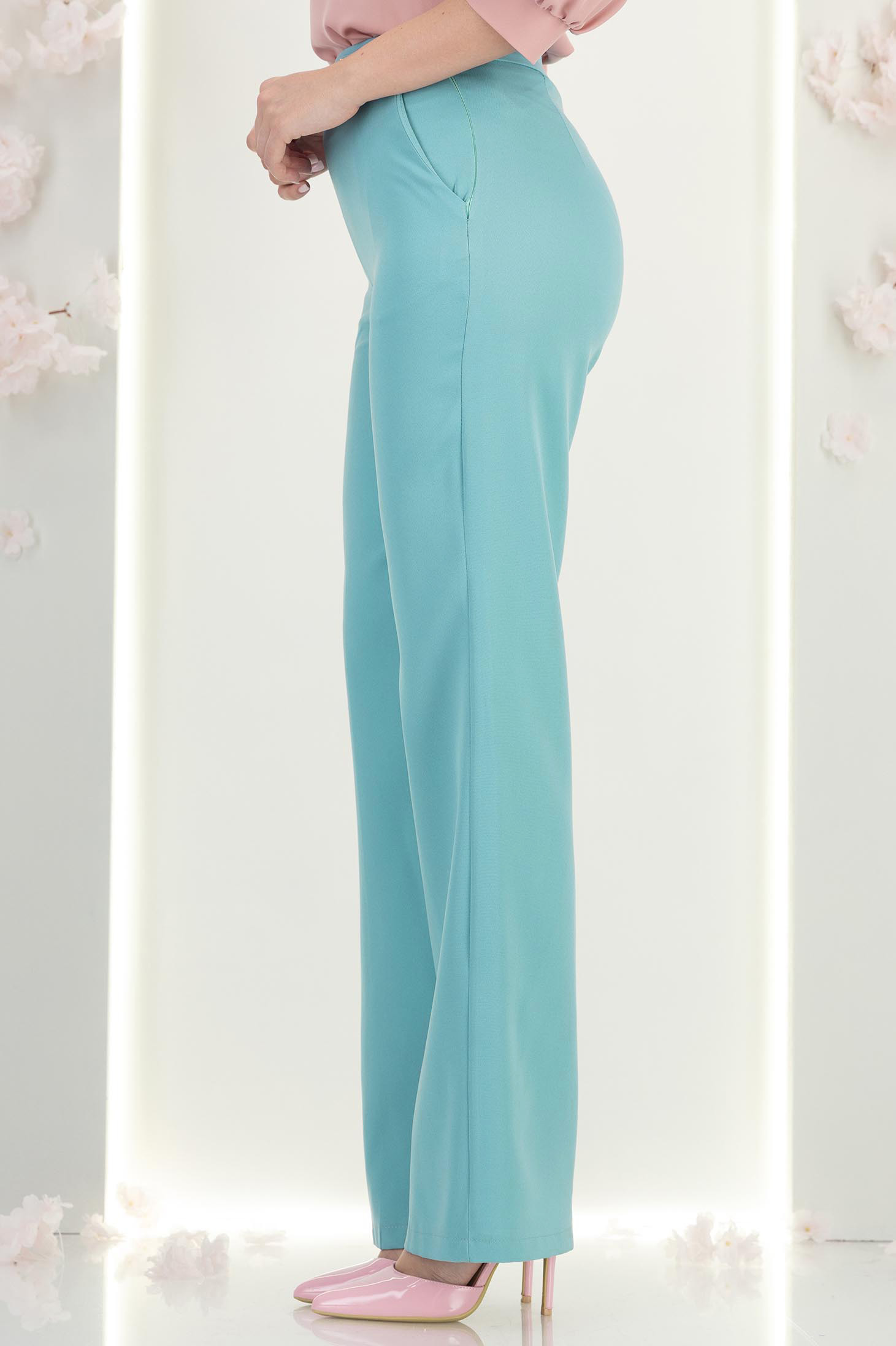 Pantaloni din stofa turcoaz lungi drepti cu nasturi decorativi aurii- StarShinerS 3 - StarShinerS.ro