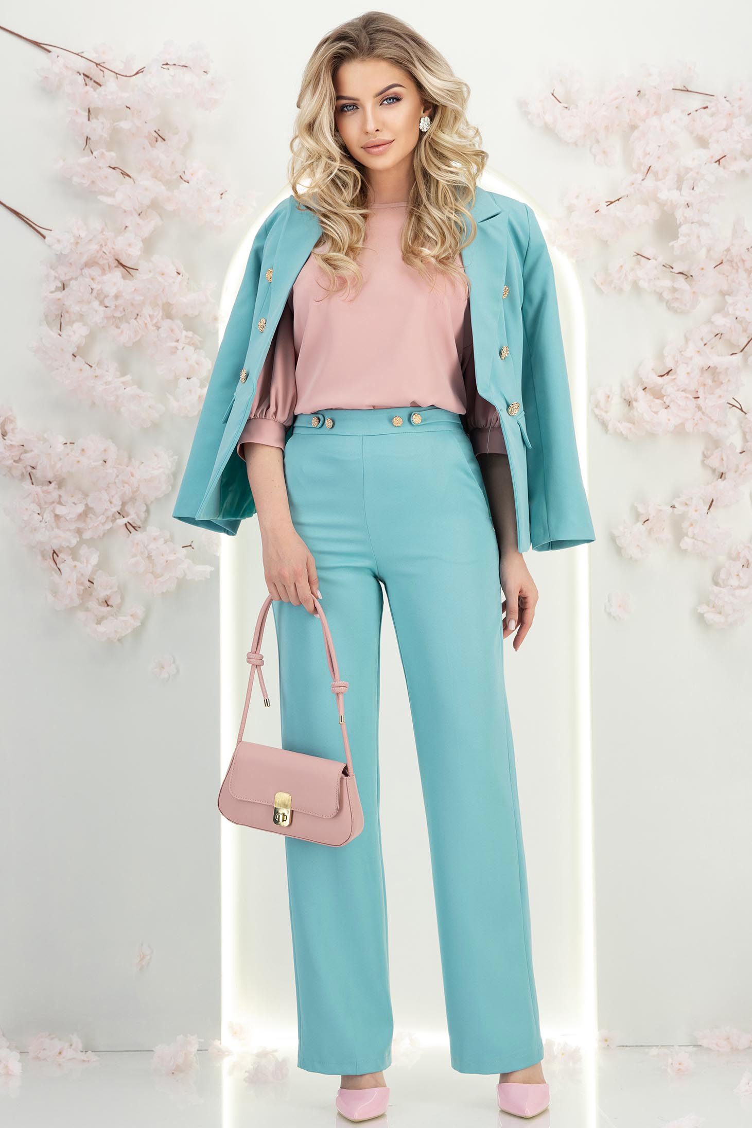 Pantaloni din stofa turcoaz lungi drepti cu nasturi decorativi aurii- StarShinerS 2 - StarShinerS.ro