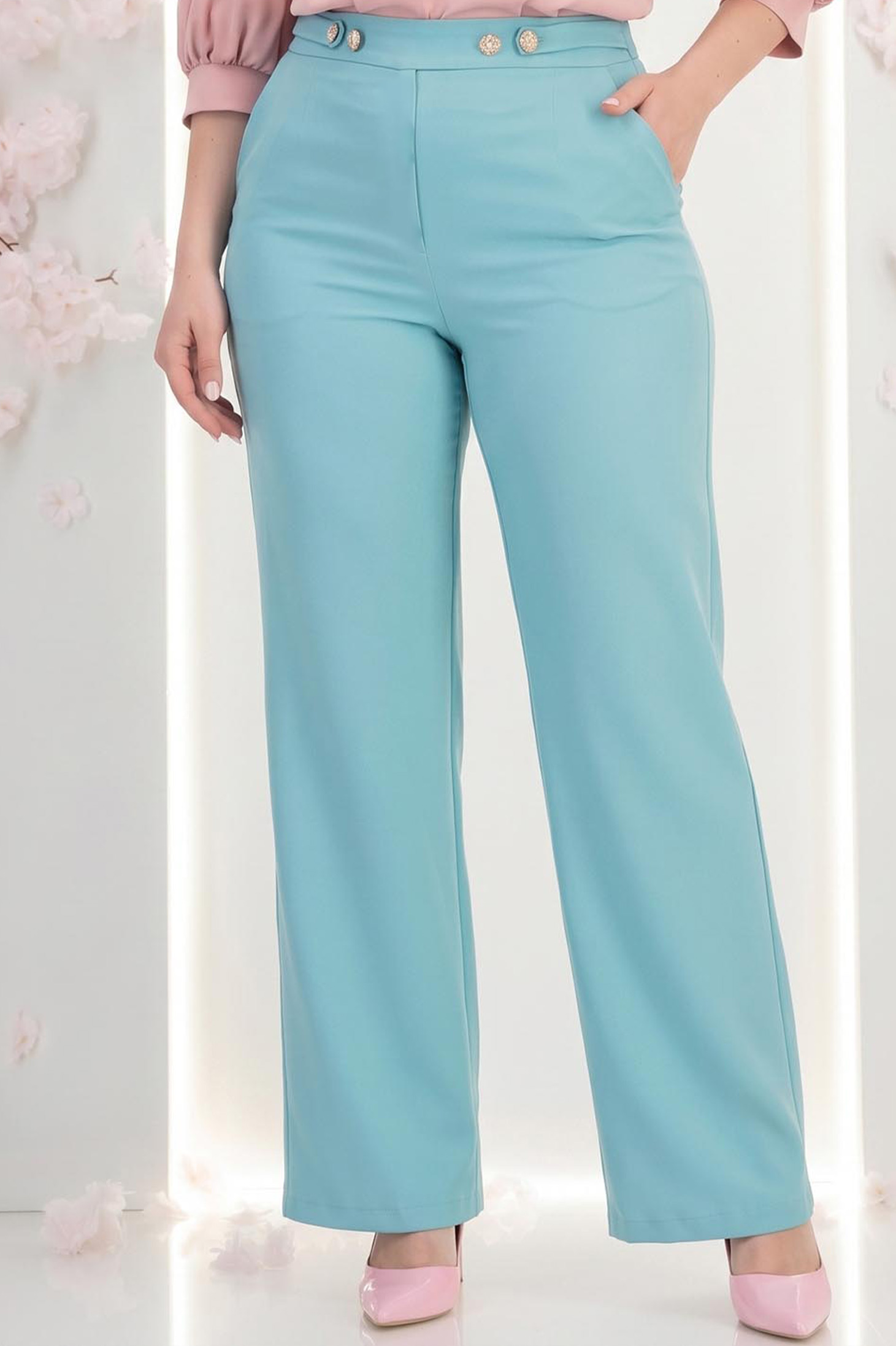Pantaloni din stofa turcoaz lungi drepti cu nasturi decorativi aurii- StarShinerS 1 - StarShinerS.ro