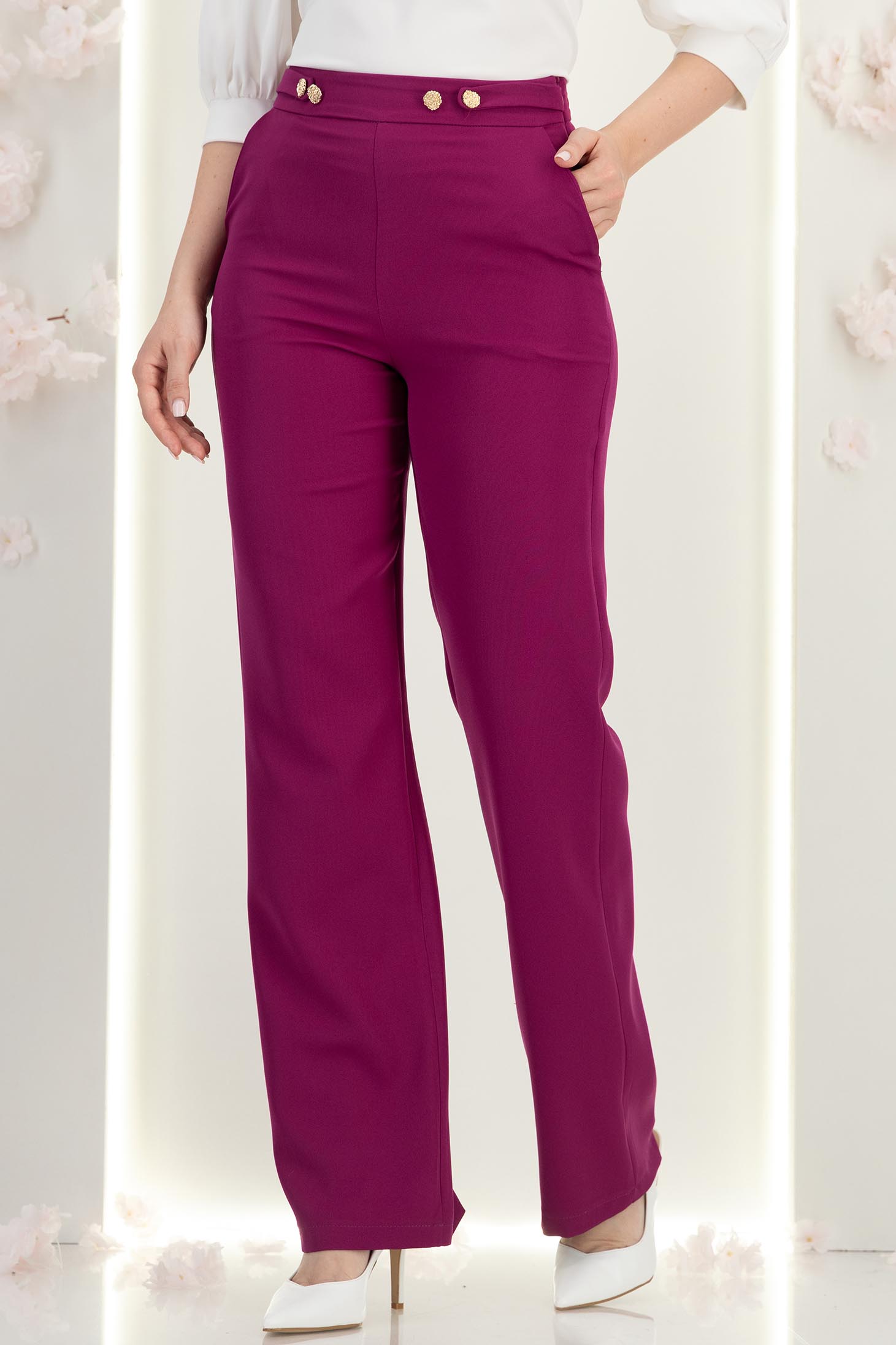 Pantaloni din stofa zmeura lungi drepti cu nasturi decorativi aurii- StarShinerS 7 - StarShinerS.ro