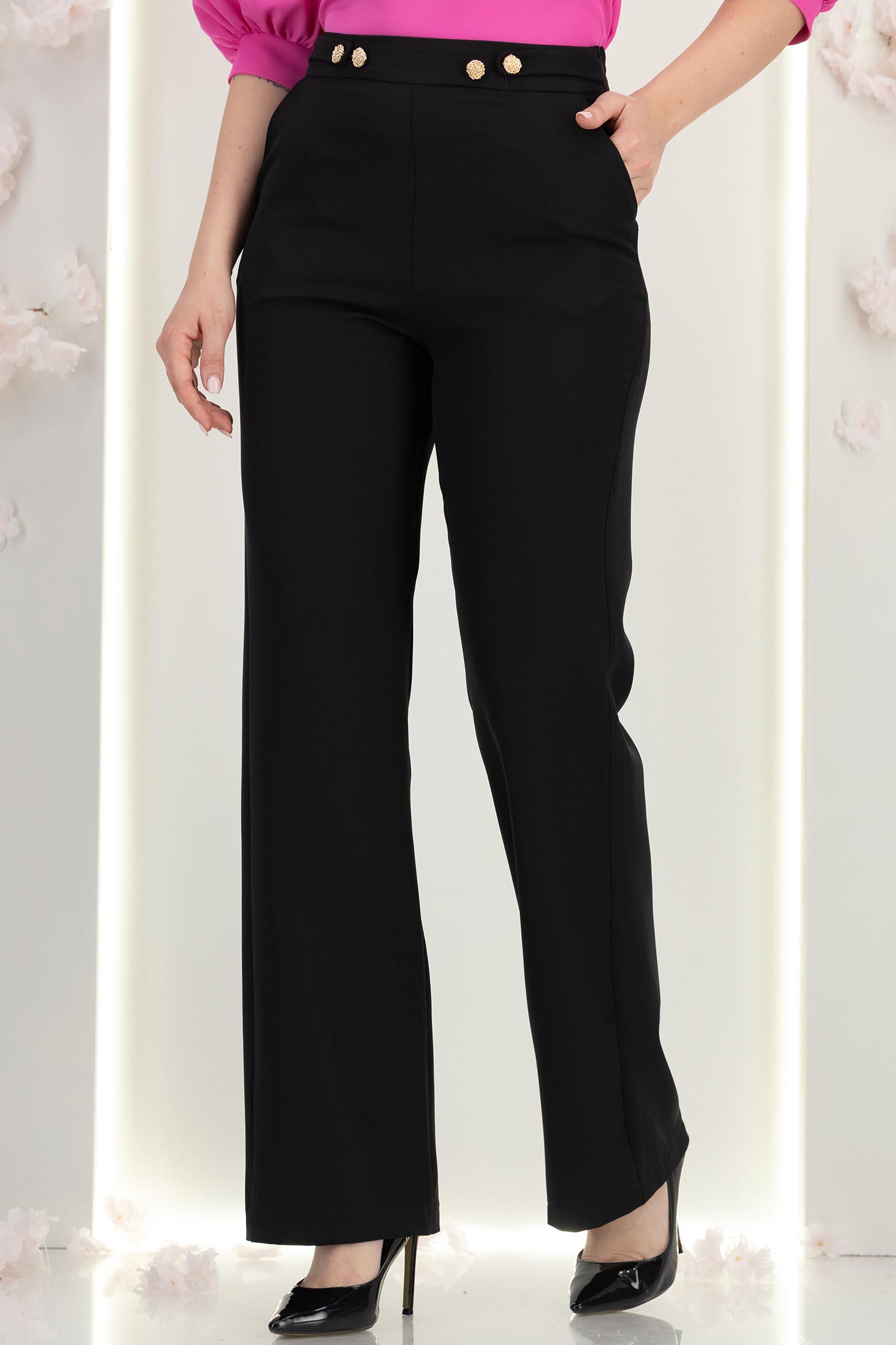 Pantaloni din stofa negri lungi drepti cu nasturi decorativi aurii- StarShinerS 4 - StarShinerS.ro