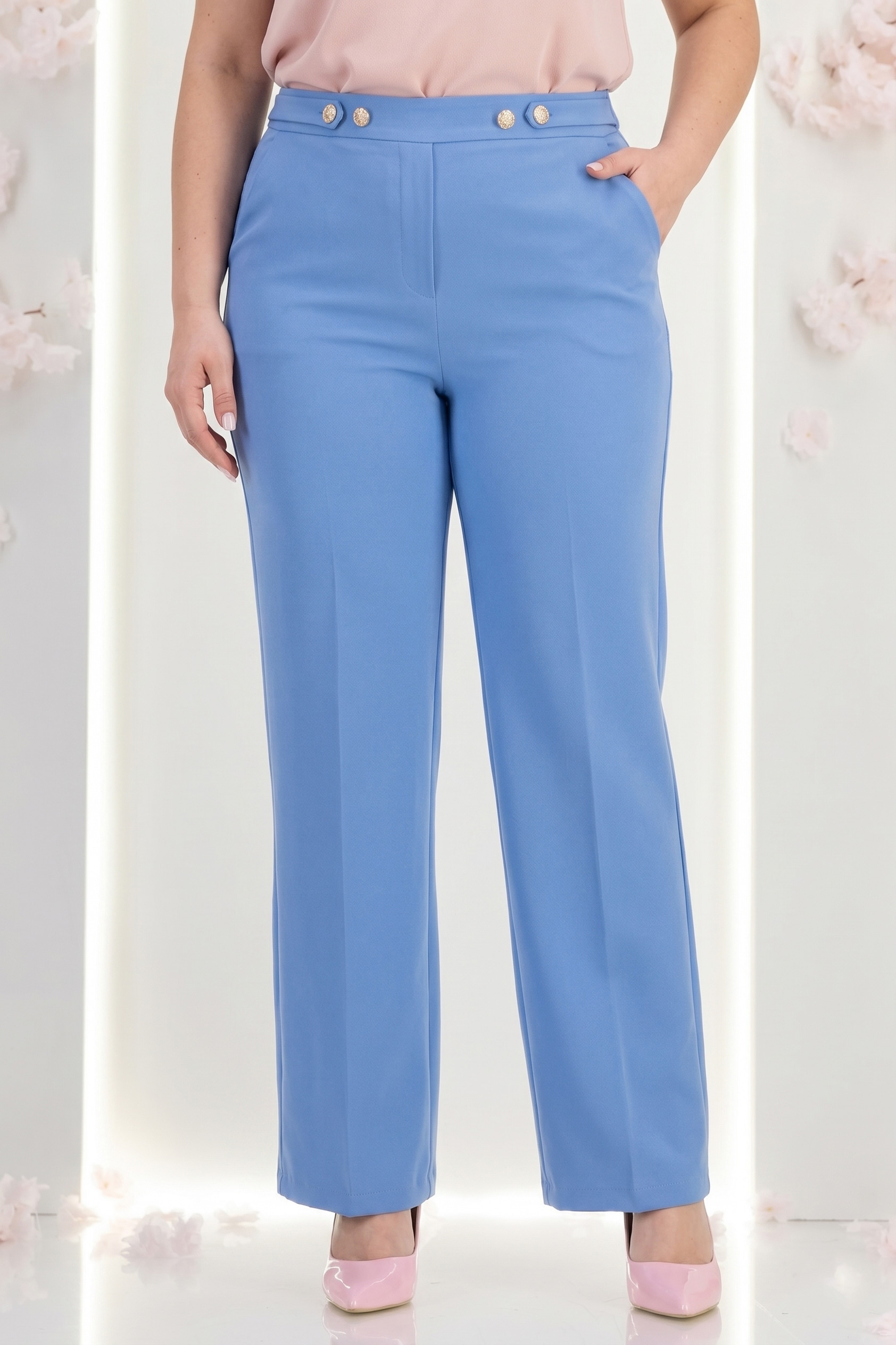 Pantaloni din stofa albastru-deschis lungi drepti cu nasturi decorativi aurii- StarShine 1 - StarShinerS.ro