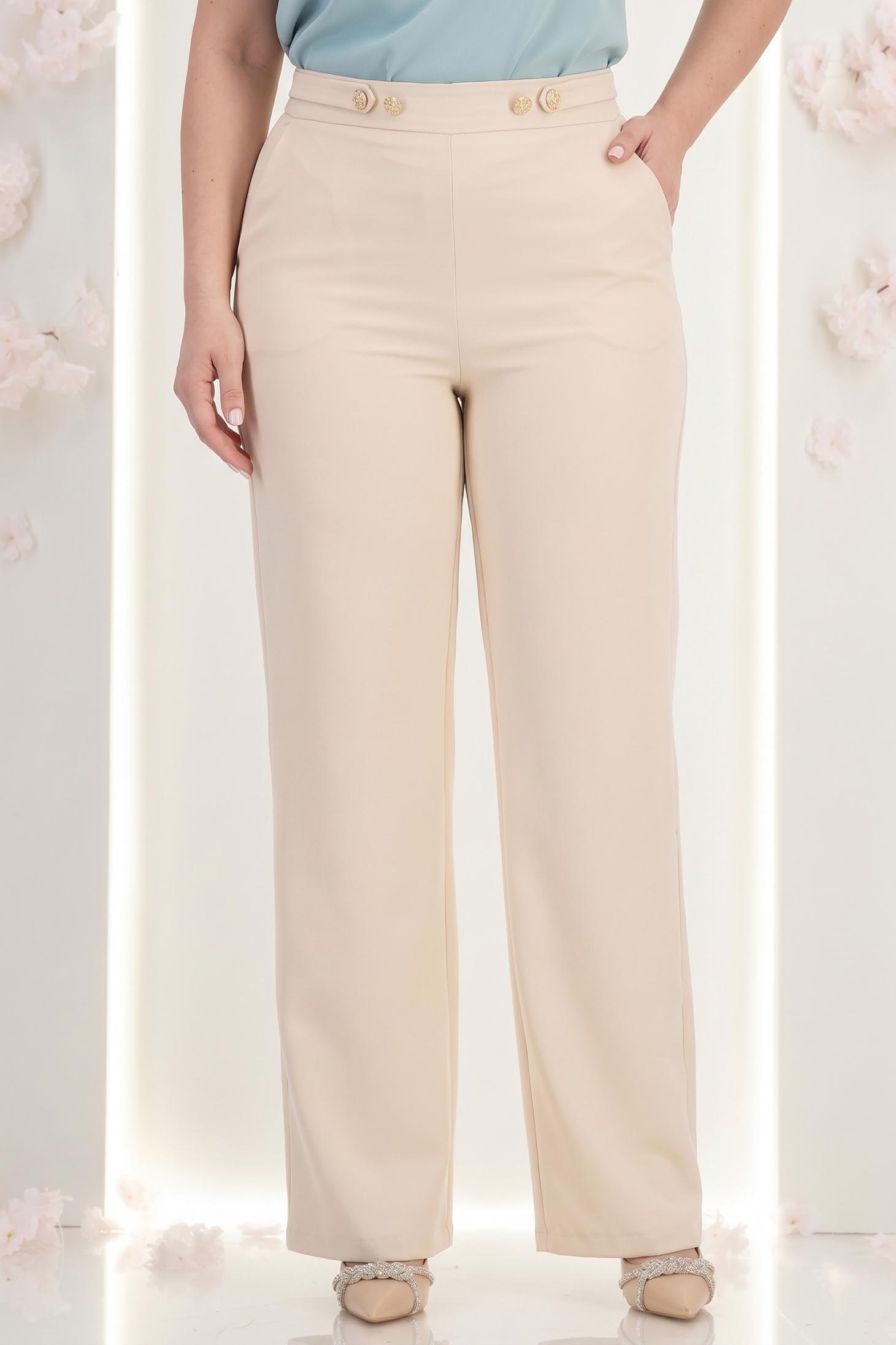 Pantaloni din stofa crem lungi drepti cu nasturi decorativi aurii- StarShinerS 1 - StarShinerS.ro
