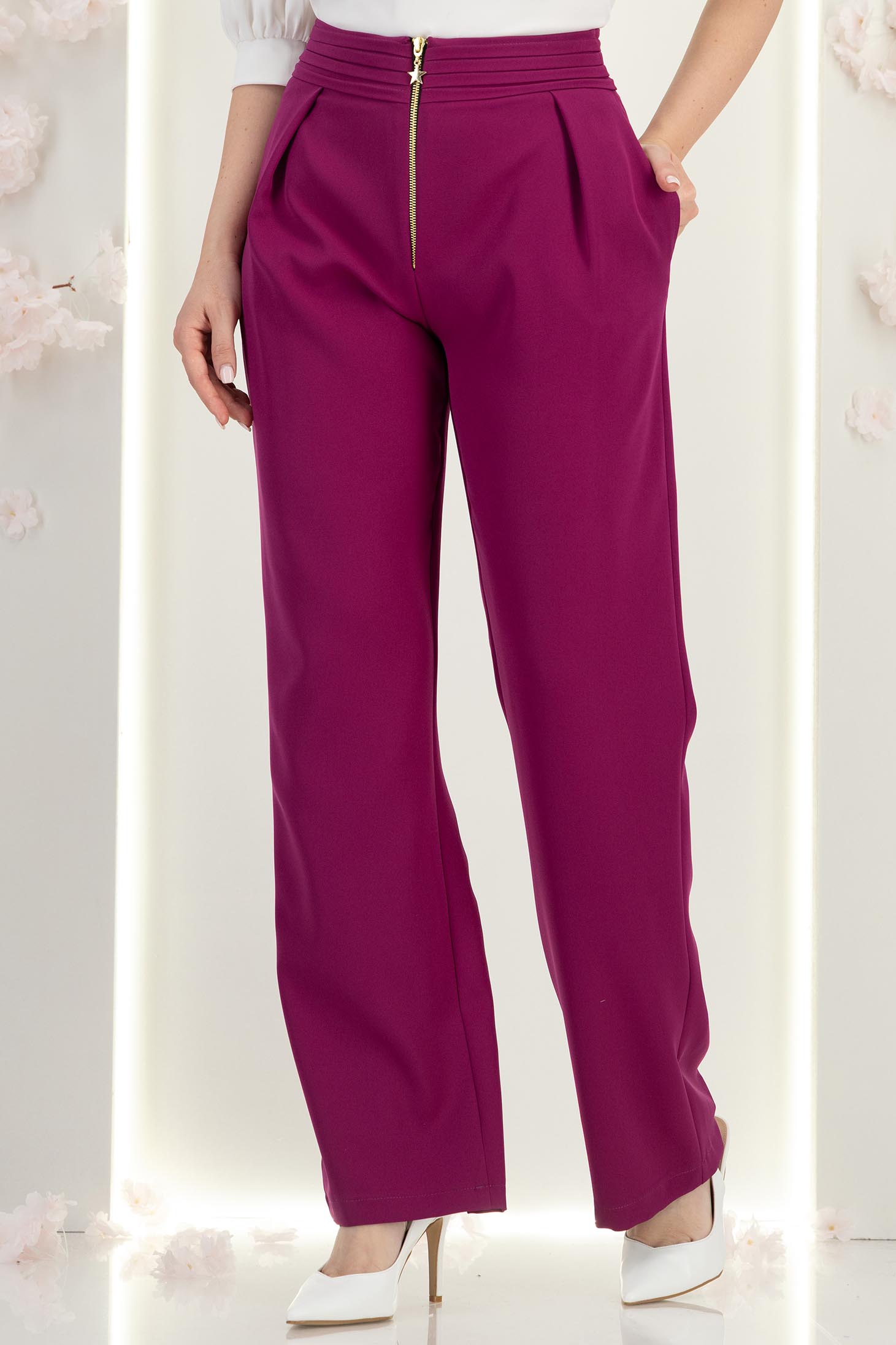 Pantaloni din stofa zmeura lungi drepti cu buzunare laterale- StarShinerS 7 - StarShinerS.ro