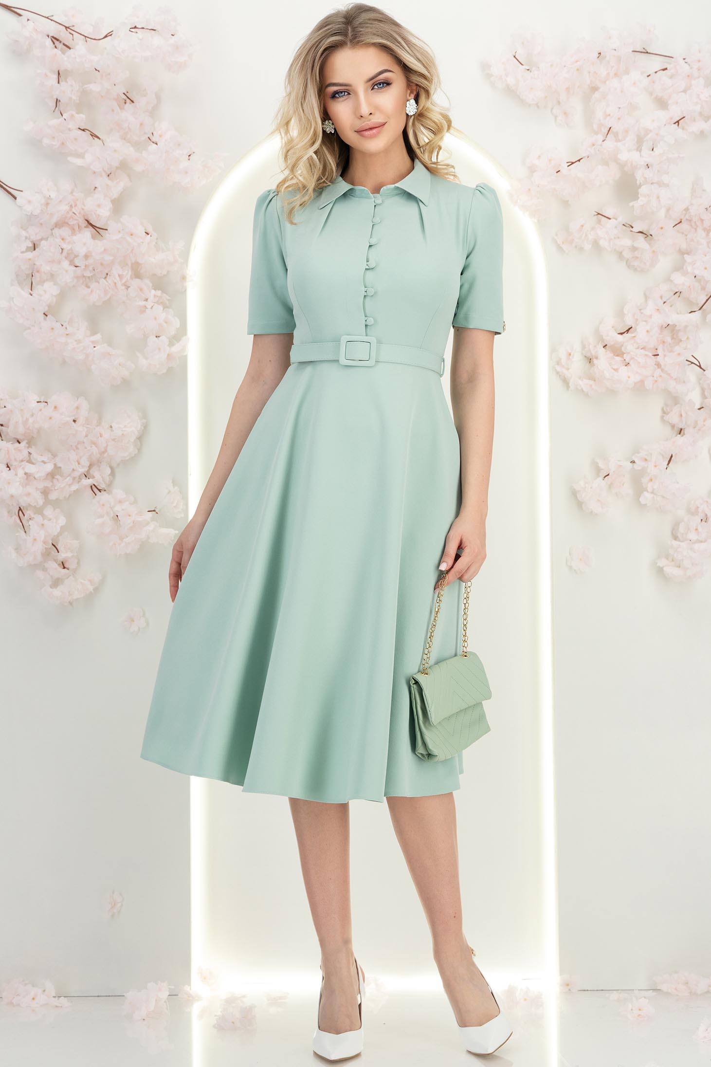 Rochie din stofa mint midi in clos cu accesoriu tip curea 3 - StarShinerS.ro