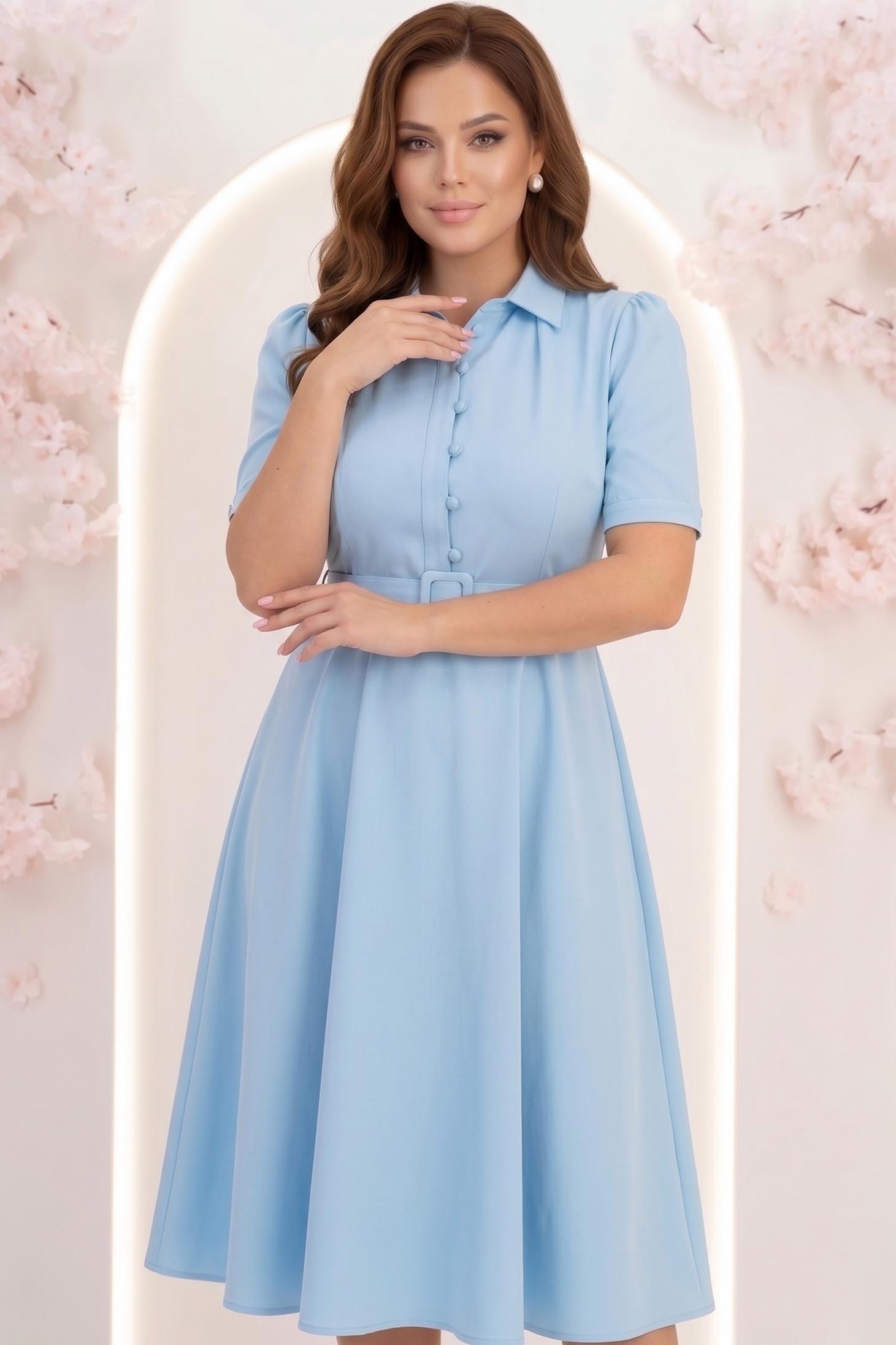 Rochie din stofa albastru deschis midi in clos cu accesoriu tip curea- StarShinerS 1 - StarShinerS.ro