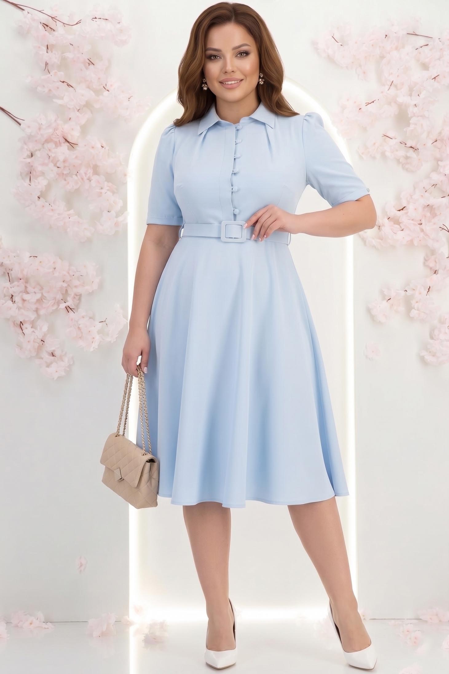 Rochie din stofa albastru deschis midi in clos cu accesoriu tip curea- StarShinerS 2 - StarShinerS.ro