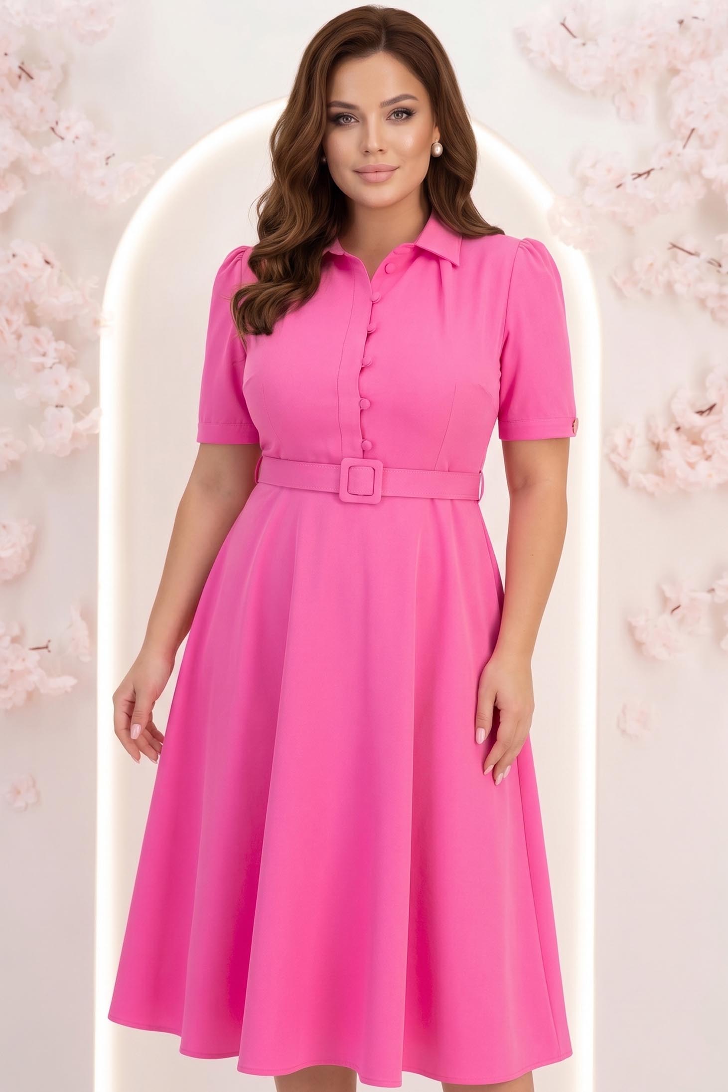Rochie din stofa roz midi in clos cu accesoriu tip curea 1 - StarShinerS.ro