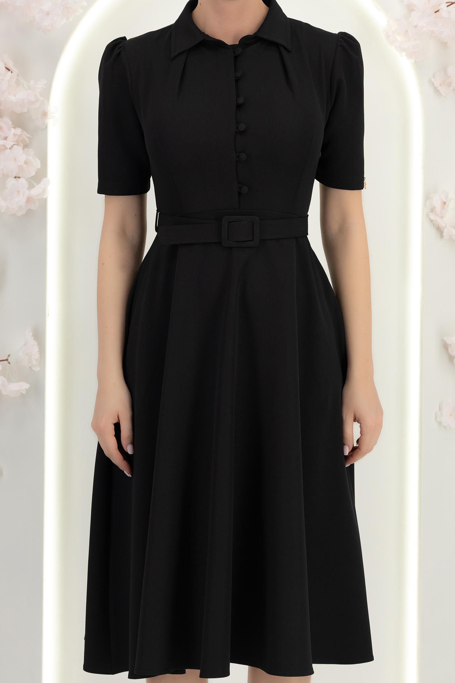 Rochie din stofa neagra midi in clos cu accesoriu tip curea- StarShinerS 6 - StarShinerS.ro